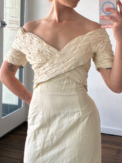 90s Raw Silk Off-the-shoulder Pleated Pearl Detail Bodice with Detachable Train