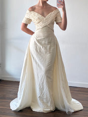 90s Raw Silk Off-the-shoulder Pleated Pearl Detail Bodice with Detachable Train