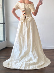 90s Raw Silk Off-the-shoulder Pleated Pearl Detail Bodice with Detachable Train