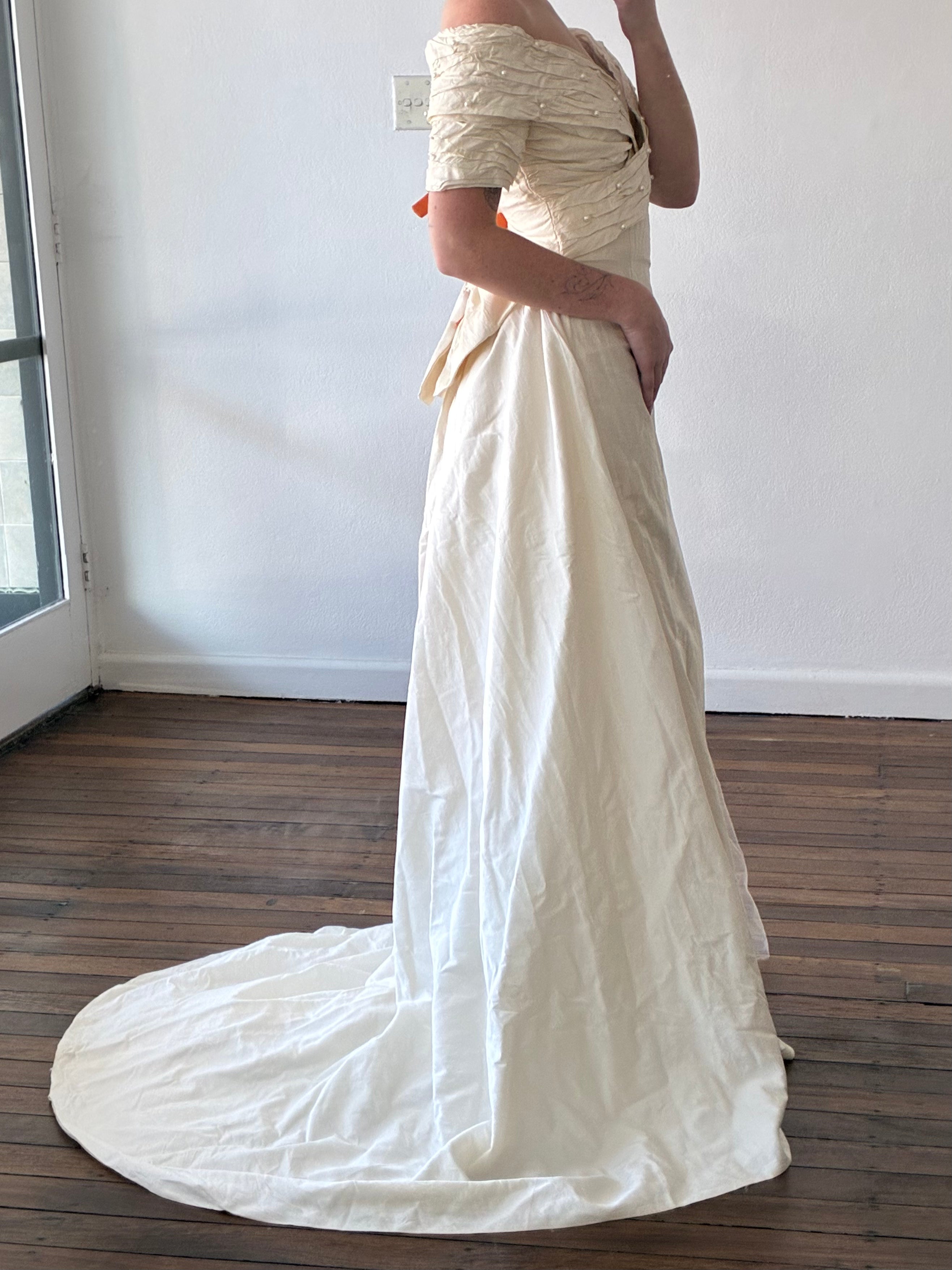 90s Raw Silk Off-the-shoulder Pleated Pearl Detail Bodice with Detachable Train