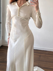 30s Silk Collared Dramatic Floral Detail Train Gown
