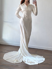 30s Silk Collared Dramatic Floral Detail Train Gown