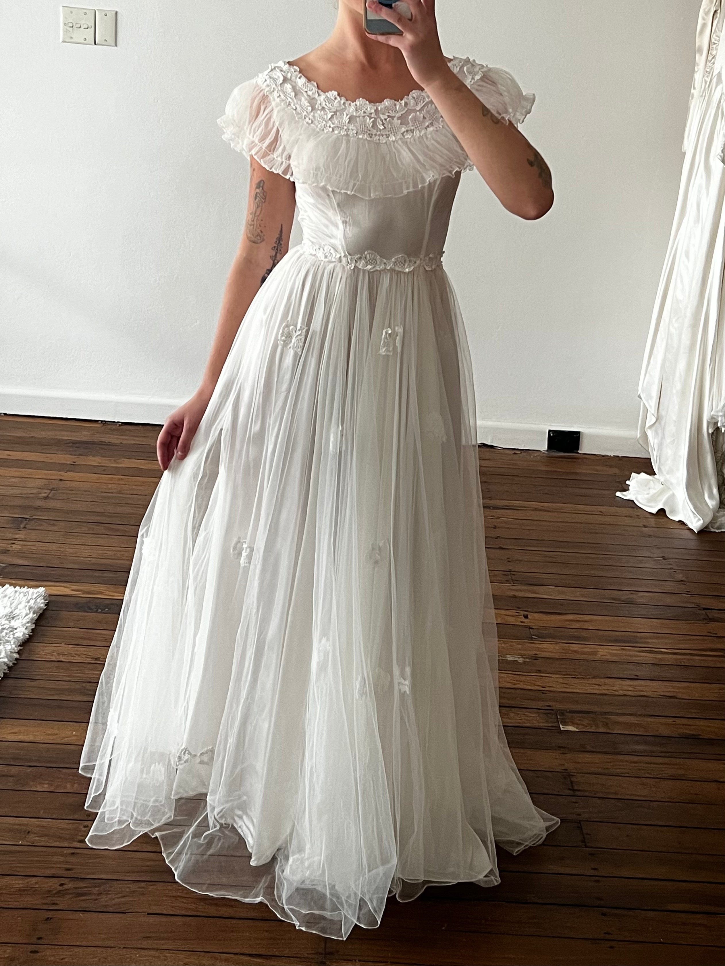 70s Off-the-shoulder Tulle and Lace Fairy Dress