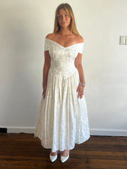 80s Jessica McClintock Brocade Off-the-shoulder Dress