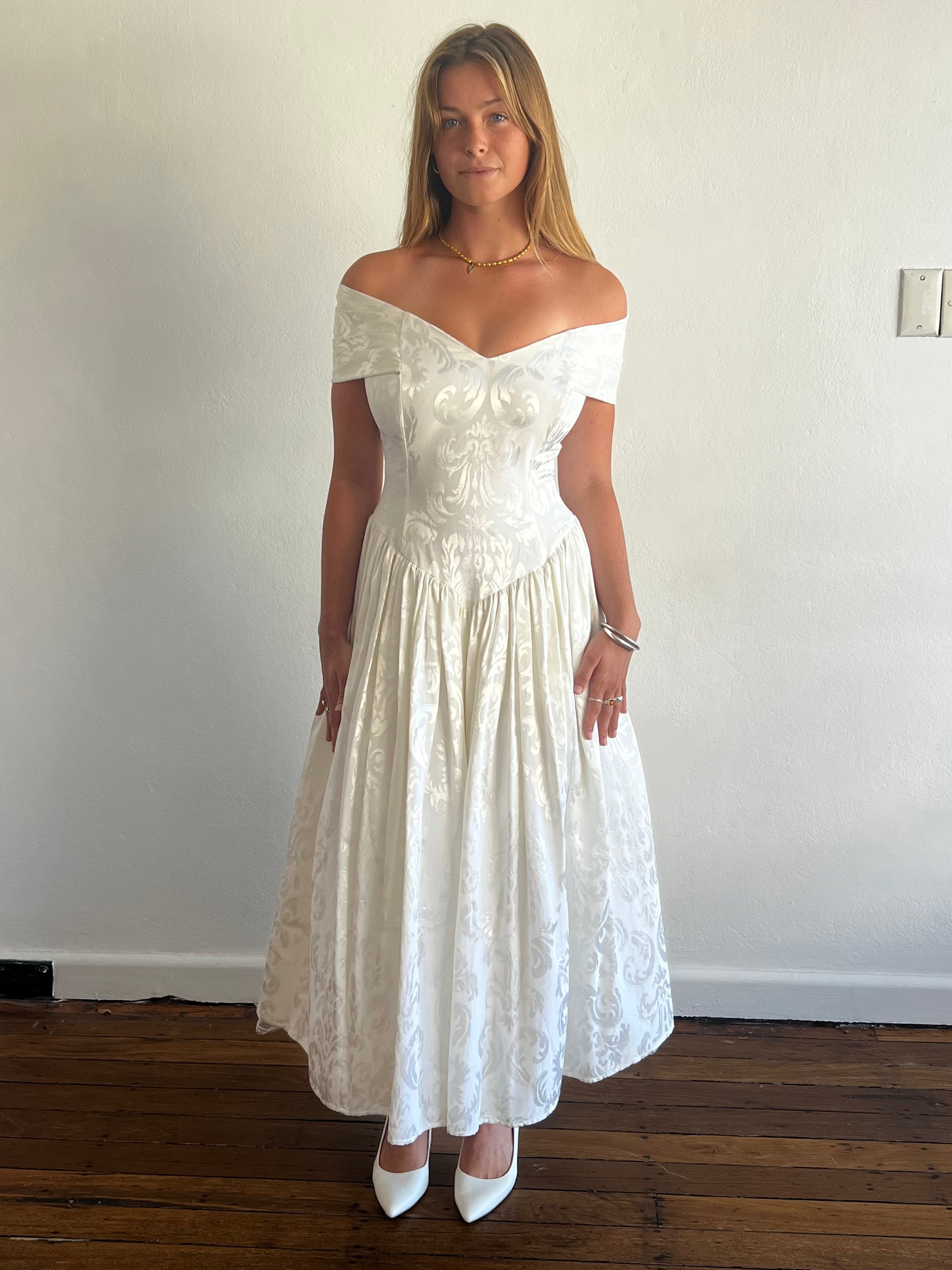 80s Jessica McClintock Brocade Off-the-shoulder Dress