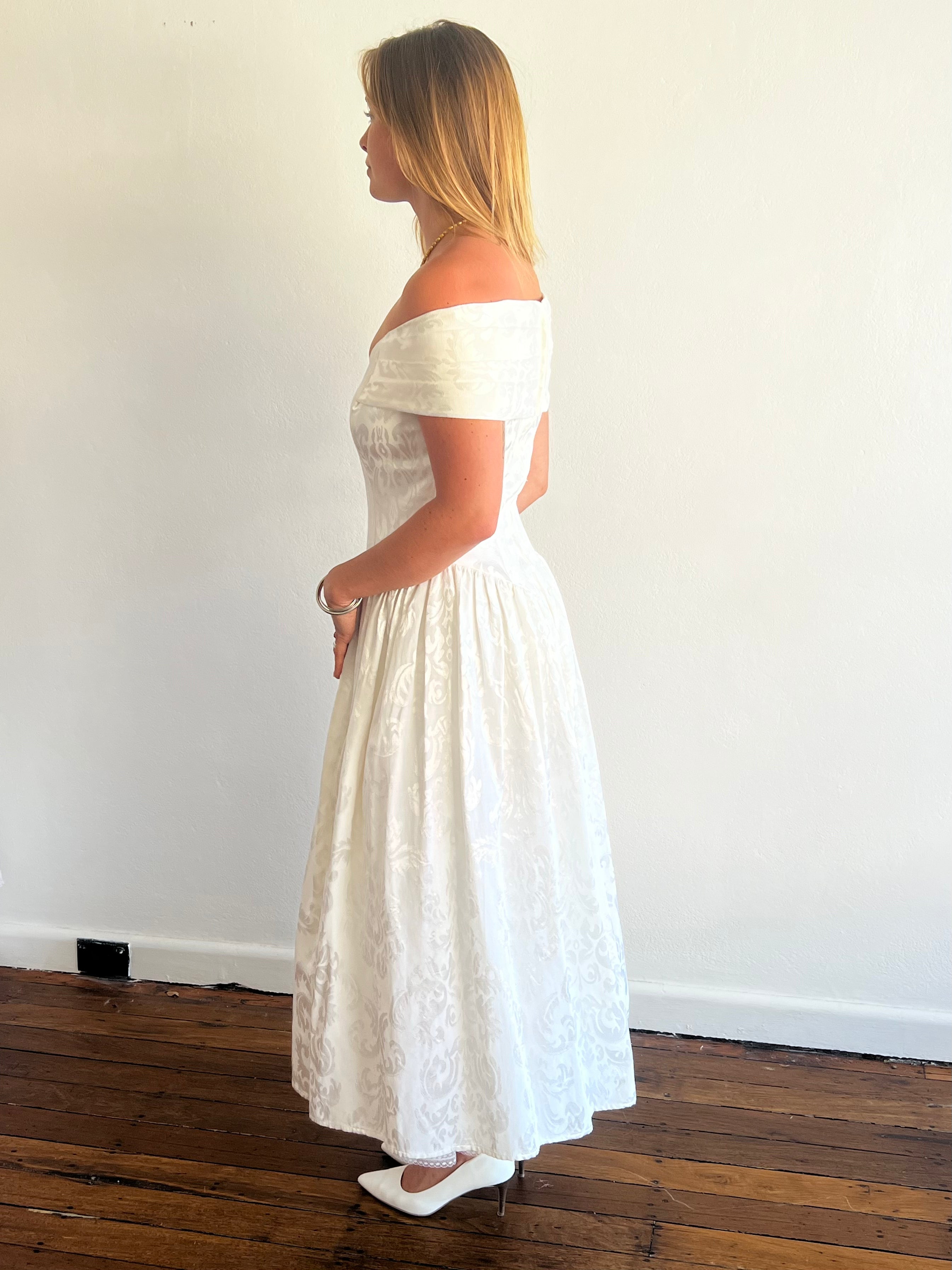 80s Jessica McClintock Brocade Off-the-shoulder Dress