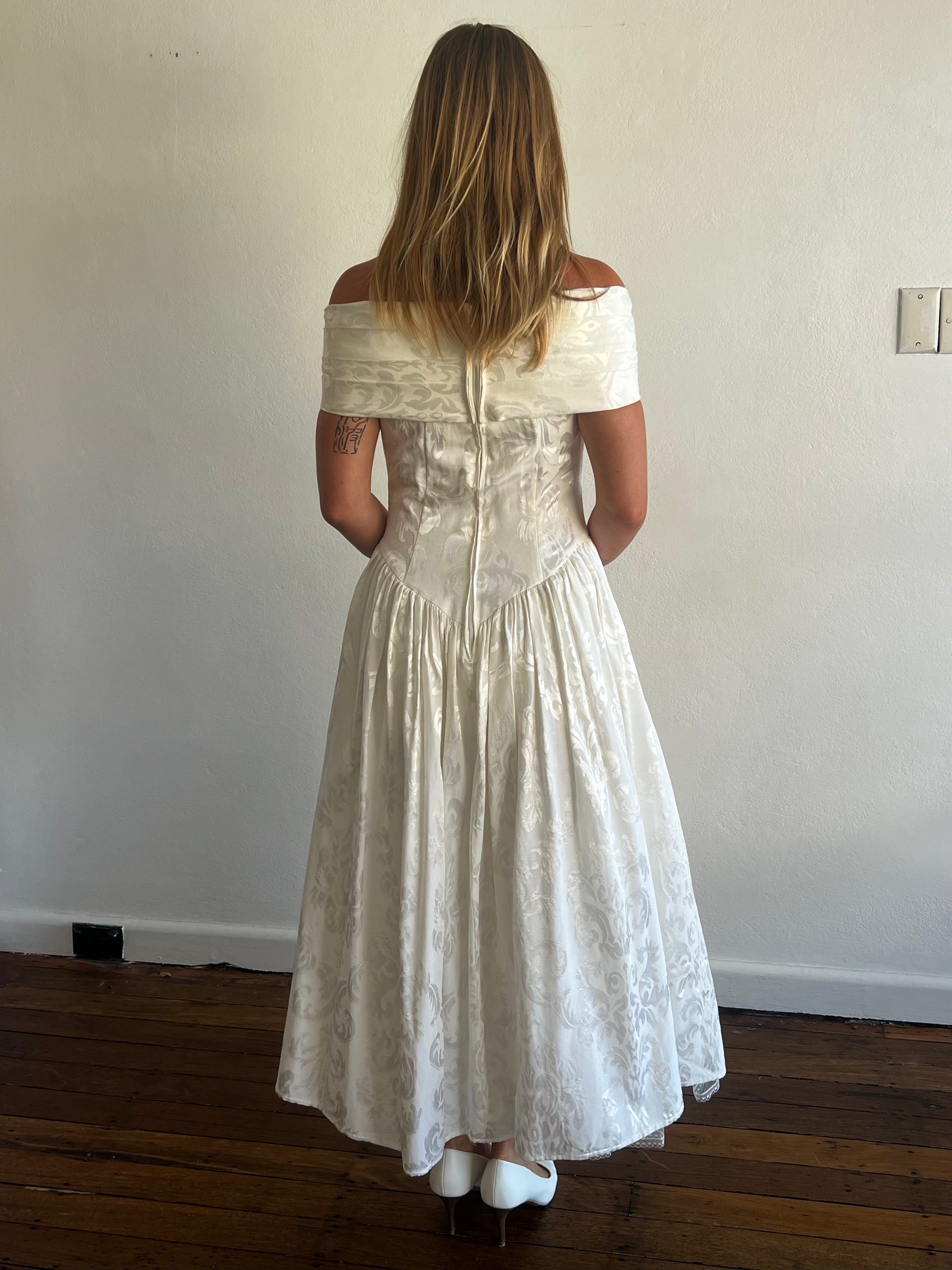 80s Jessica McClintock Brocade Off-the-shoulder Dress