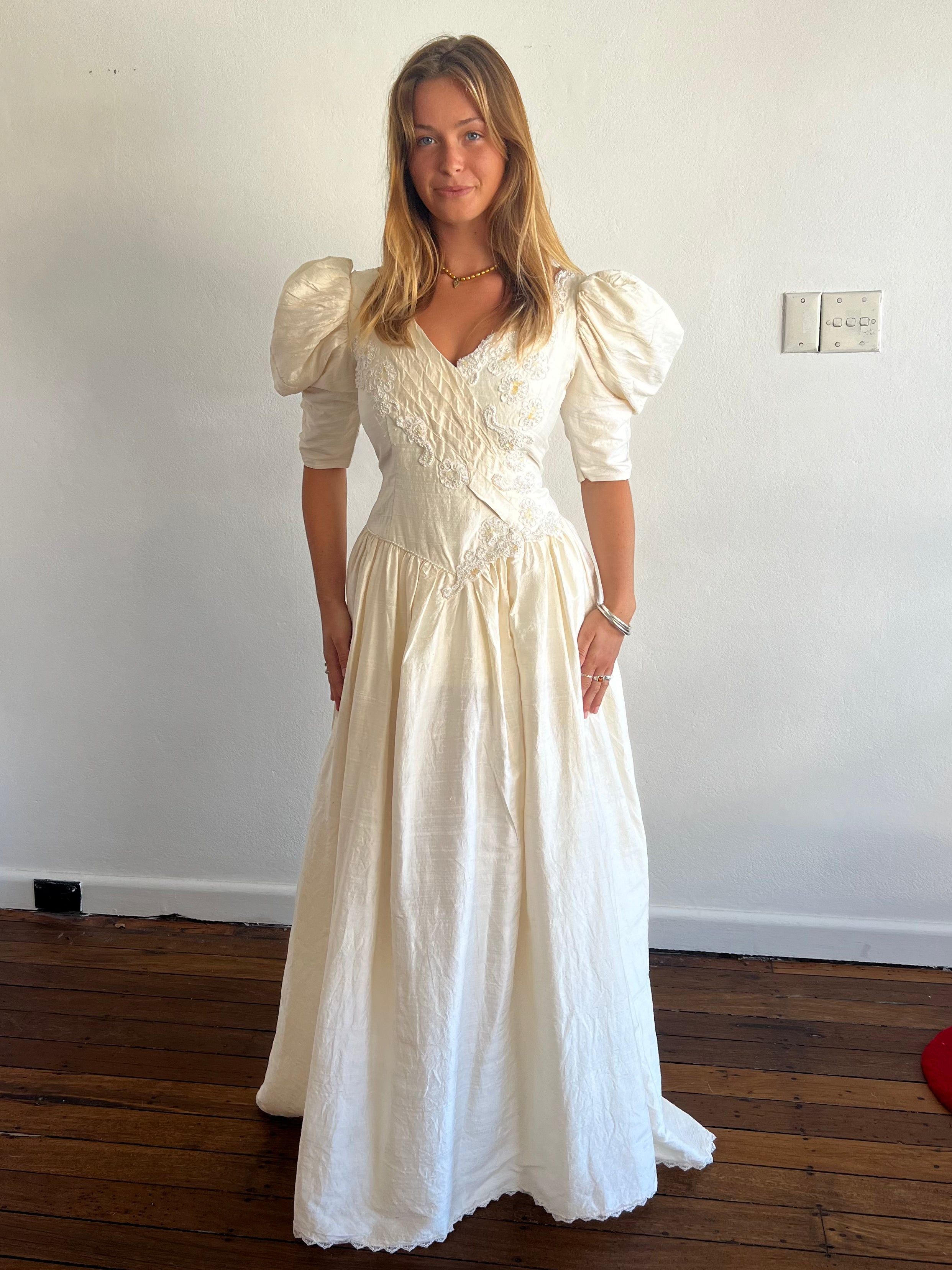 80s Raw Silk Rosette, Lace and Pleat Detail Dress