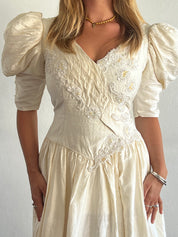 80s Raw Silk Rosette, Lace and Pleat Detail Dress