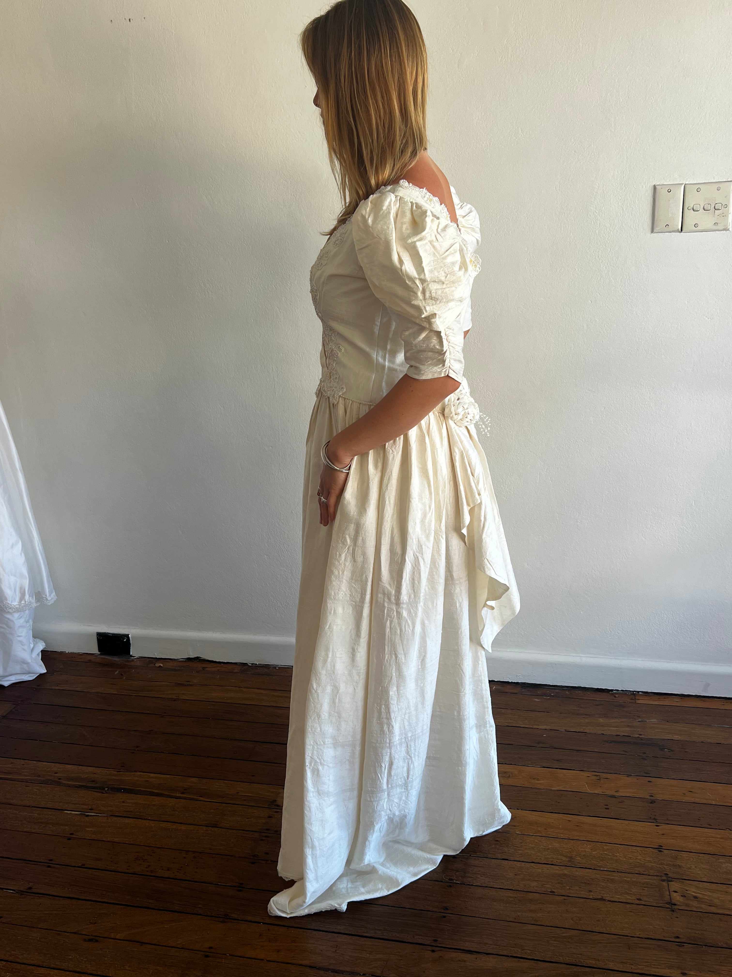 80s Raw Silk Rosette, Lace and Pleat Detail Dress