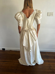 80s Raw Silk Rosette, Lace and Pleat Detail Dress