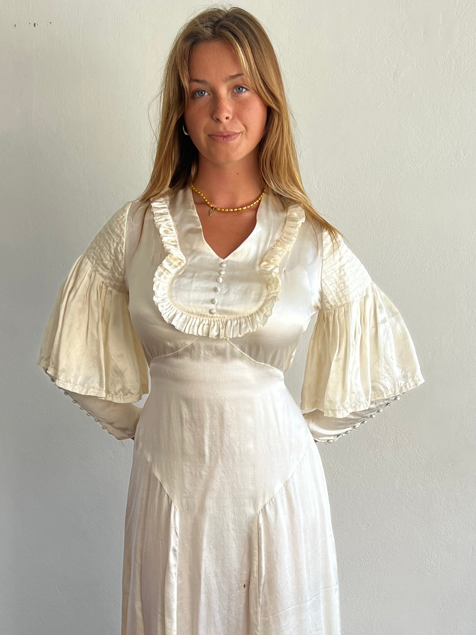 1935 Silk Flutter Sleeve Ruffle Collar Dress