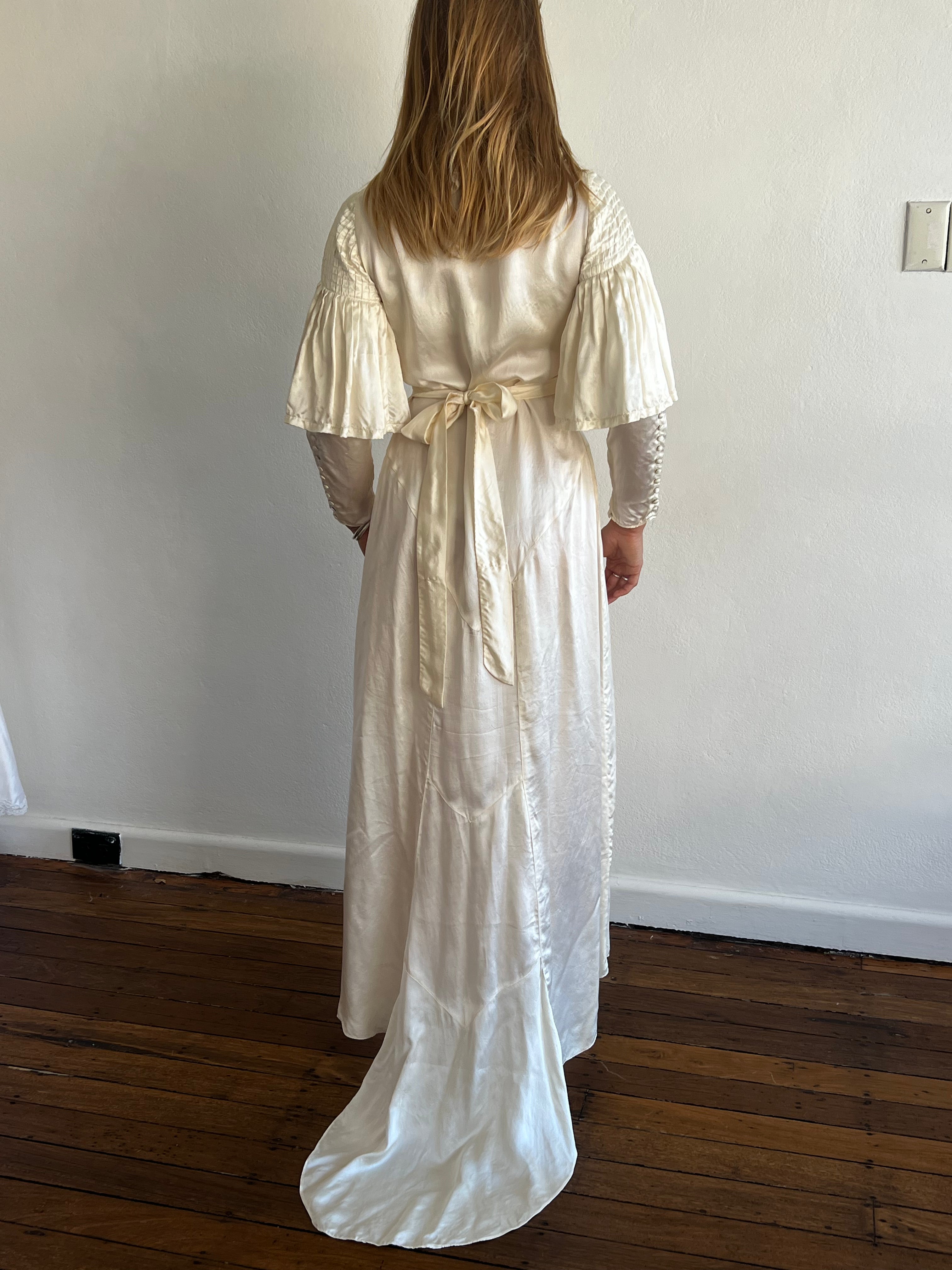 1935 Silk Flutter Sleeve Ruffle Collar Dress