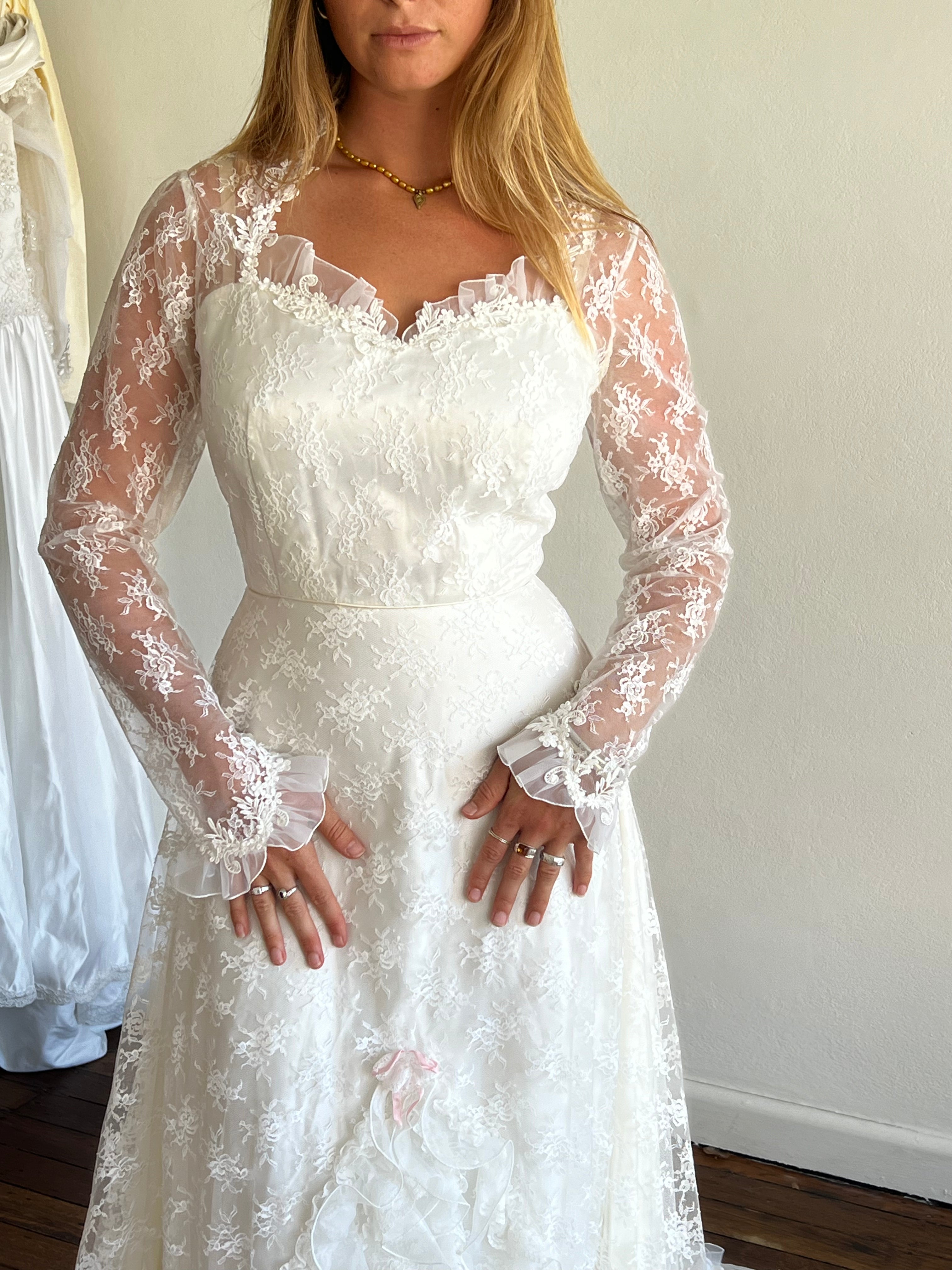 70s Lace High Neck Tiered Ruffle Detail Dress