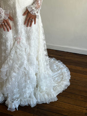 70s Lace High Neck Tiered Ruffle Detail Dress