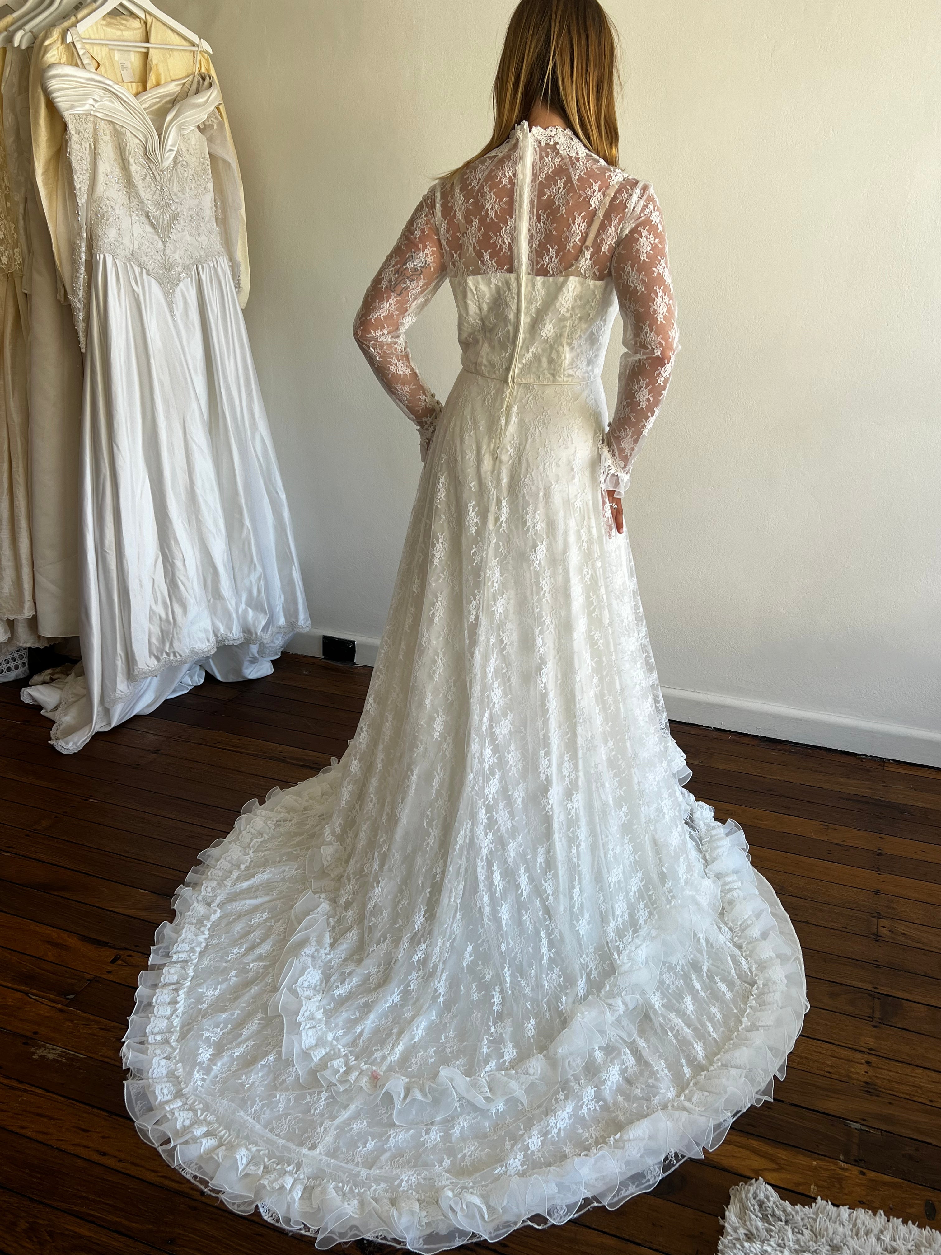 70s Lace High Neck Tiered Ruffle Detail Dress