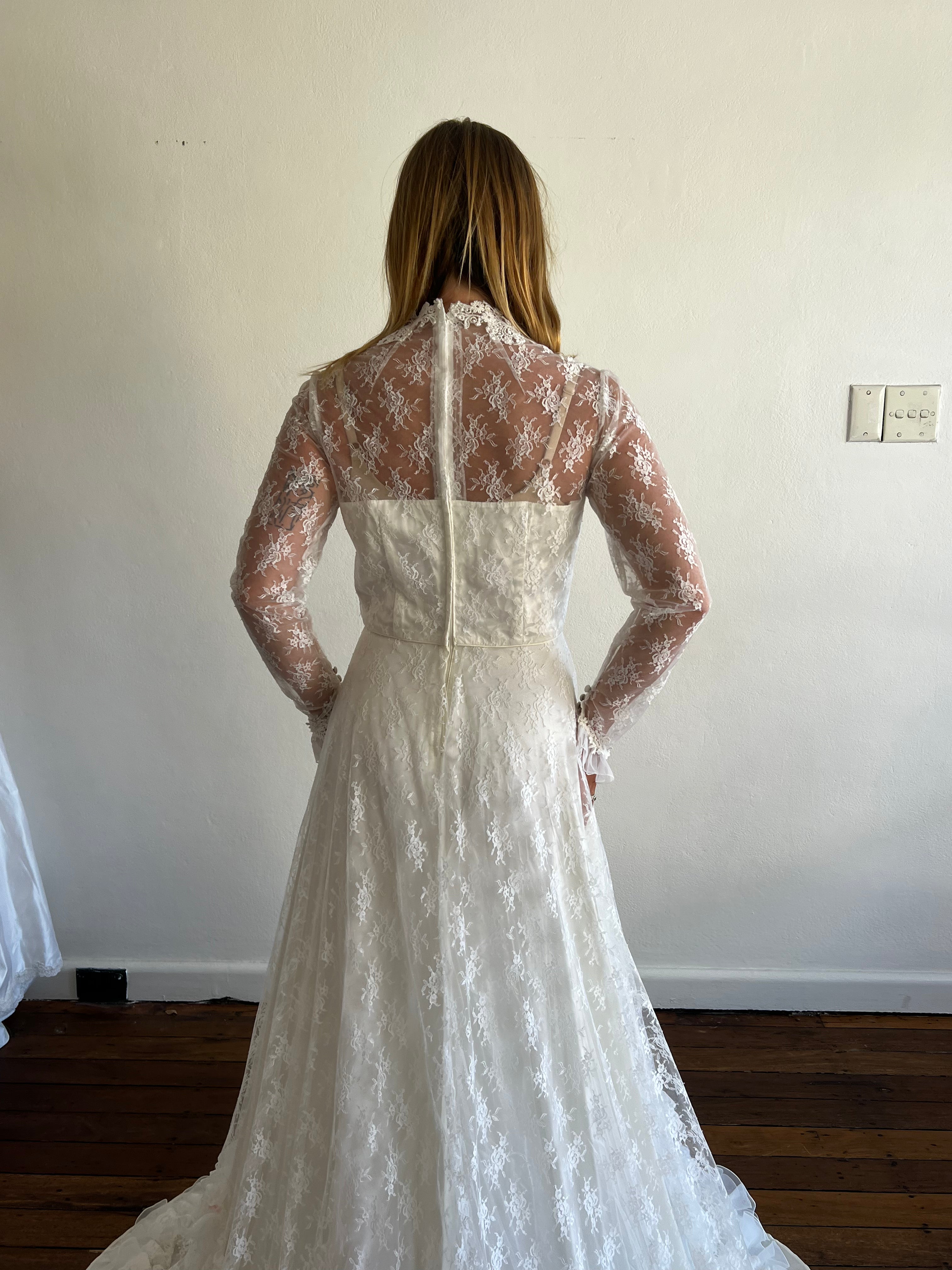 70s Lace High Neck Tiered Ruffle Detail Dress