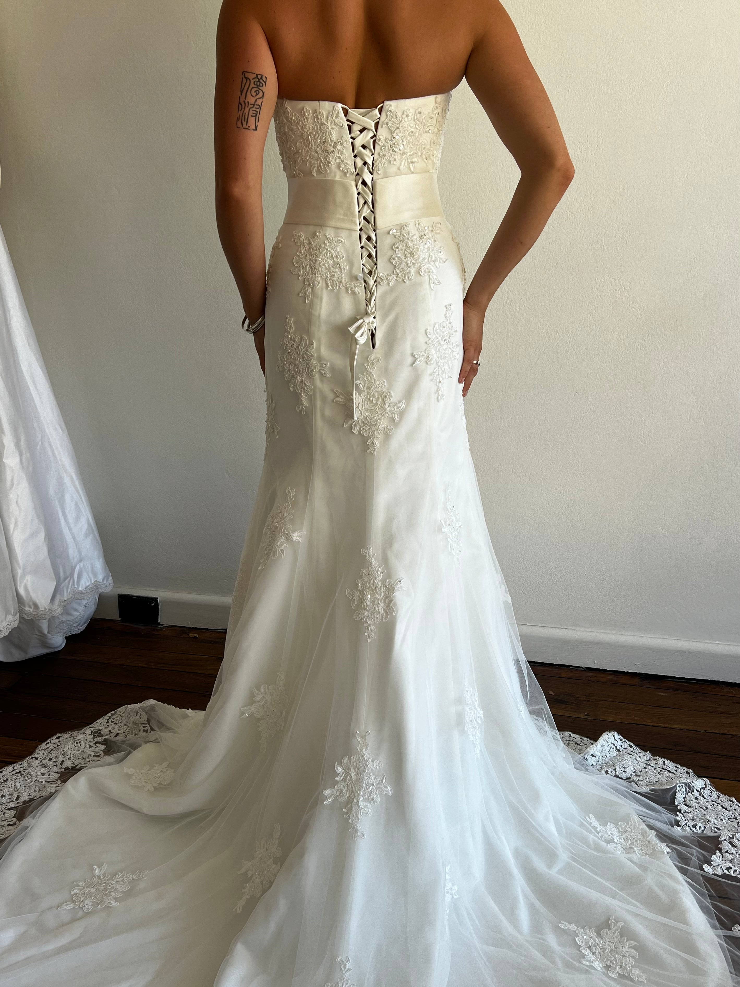 y2k Strapless Lace Appliqué Belted Mermaid Dress