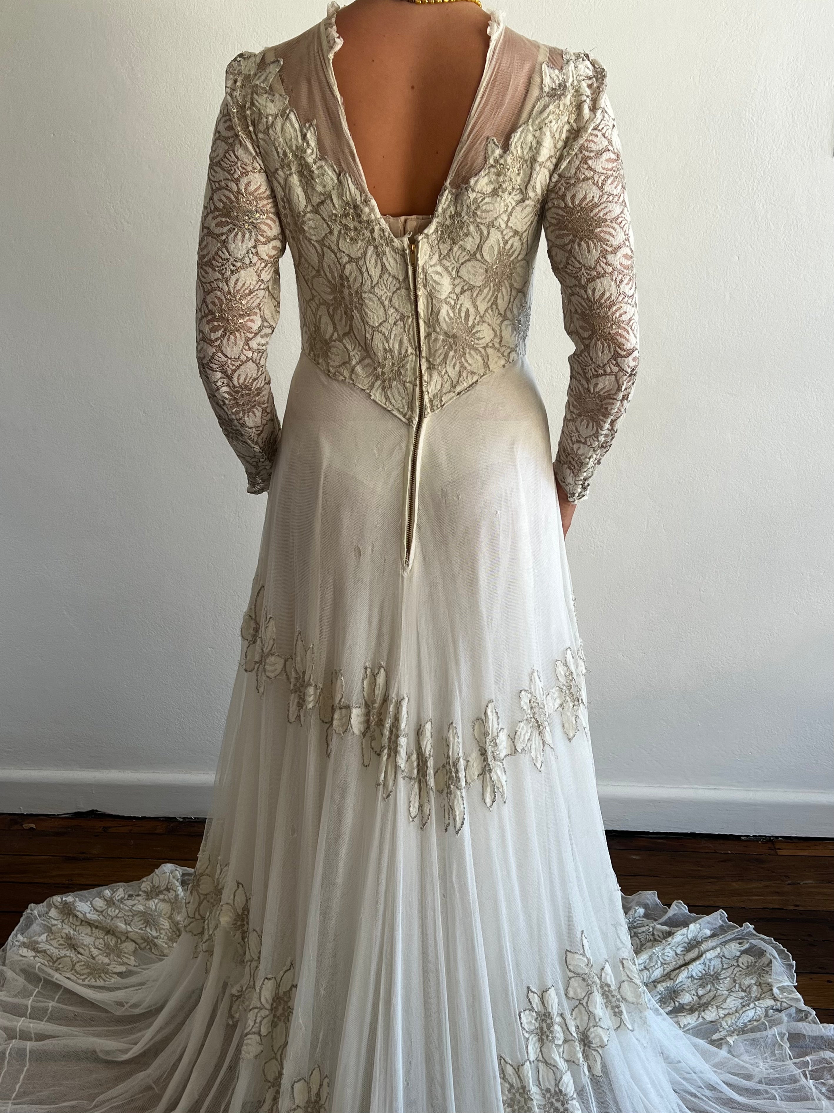 1947 Gold-work Lily Silk Net Dress