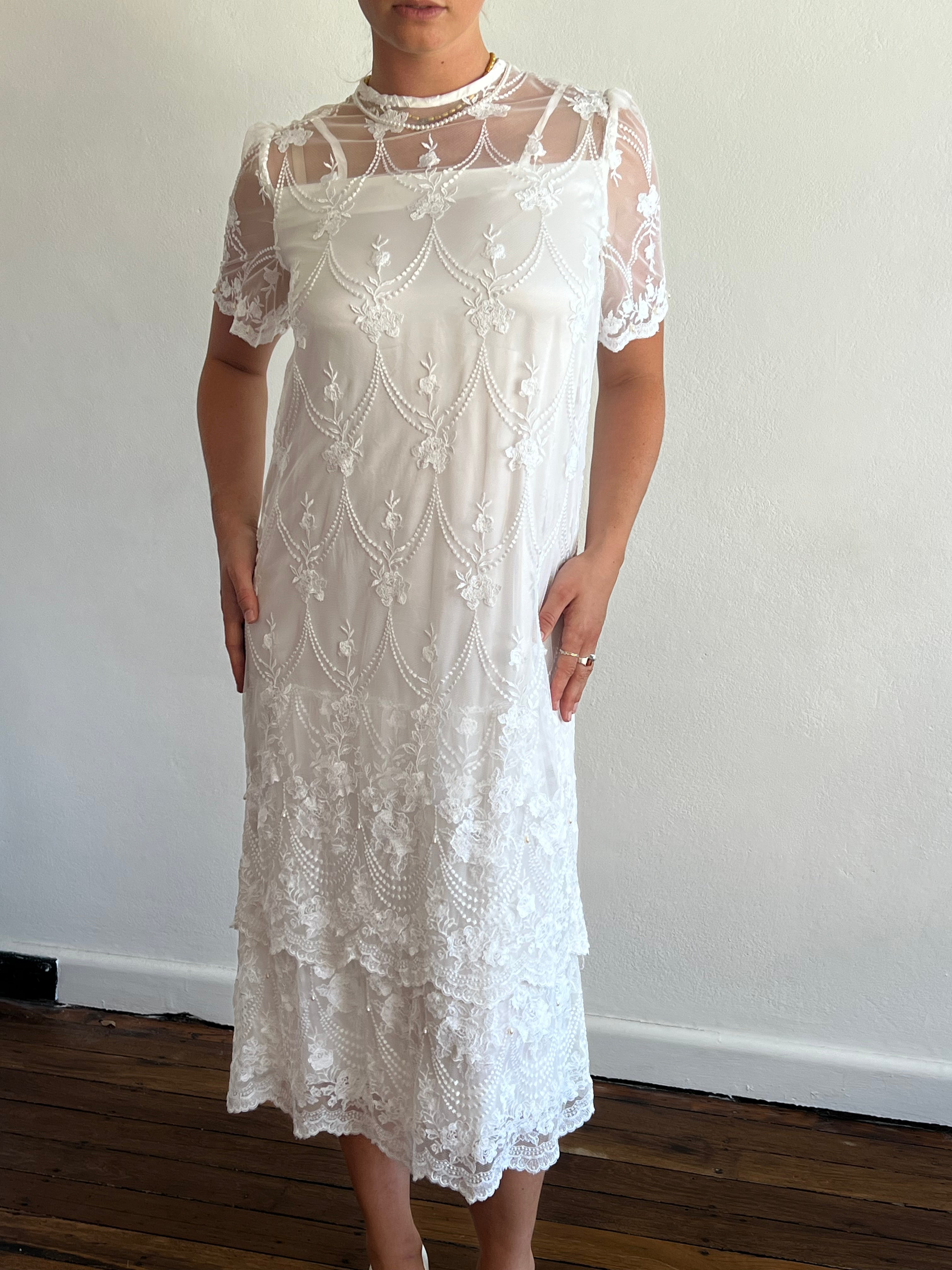 80s Does 20s Tiered Lace Flapper Dress