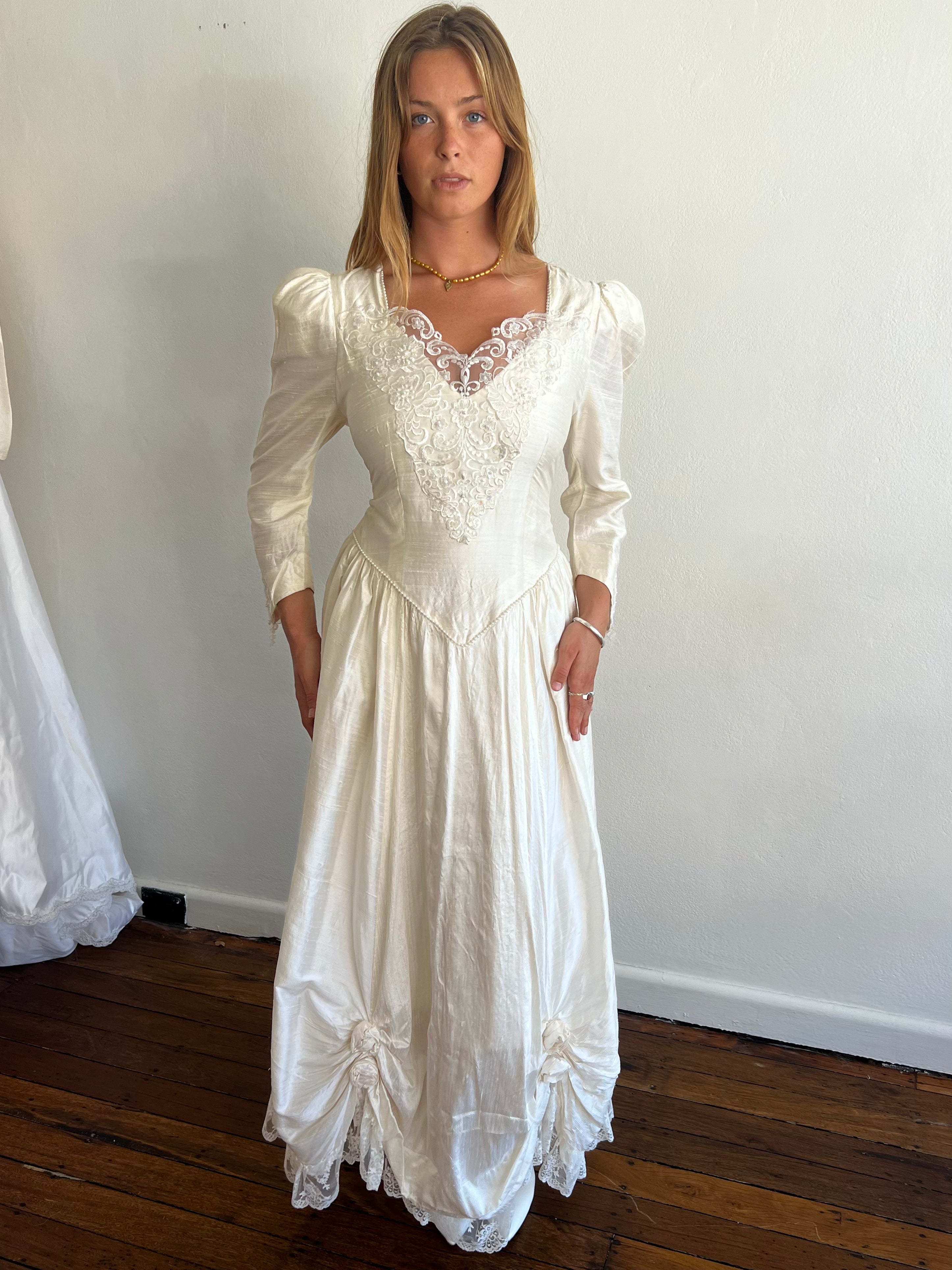 80s Raw Silk Beaded Lace and Rosette Detail Dress