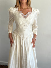 80s Raw Silk Beaded Lace and Rosette Detail Dress