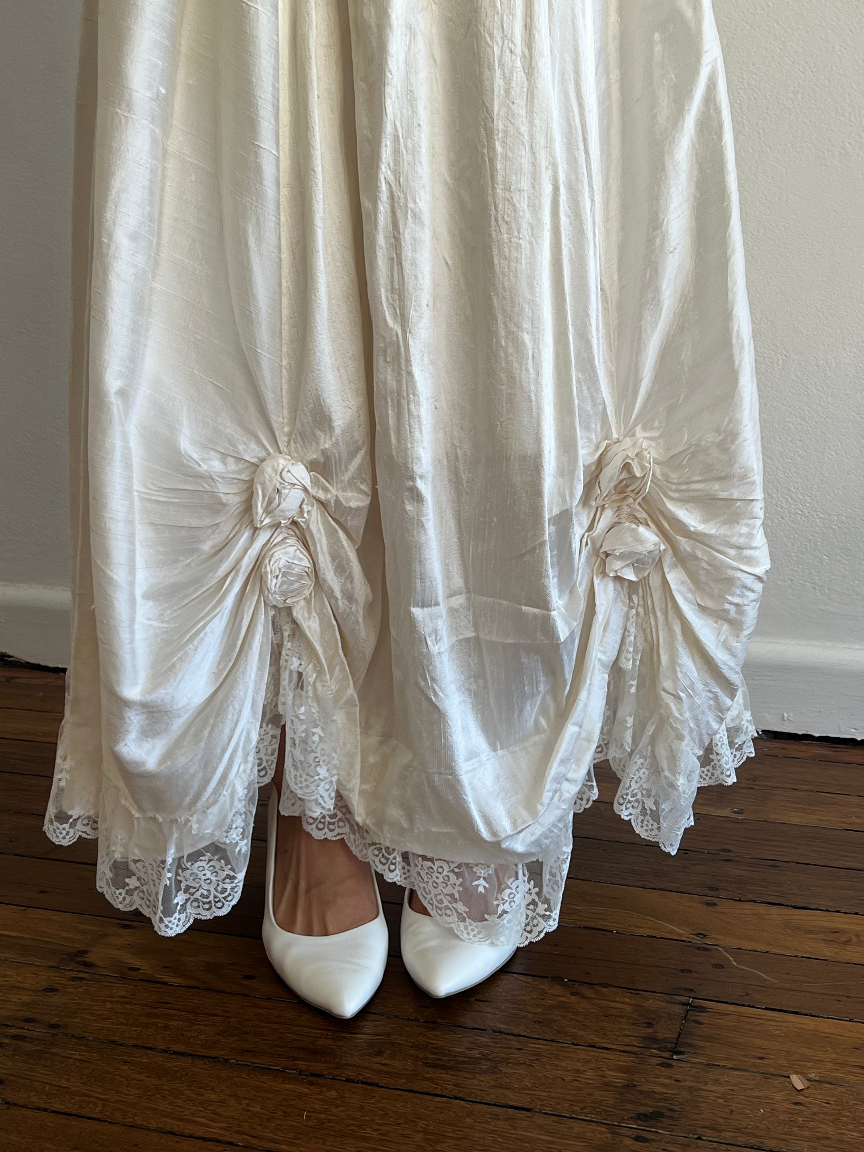 80s Raw Silk Beaded Lace and Rosette Detail Dress