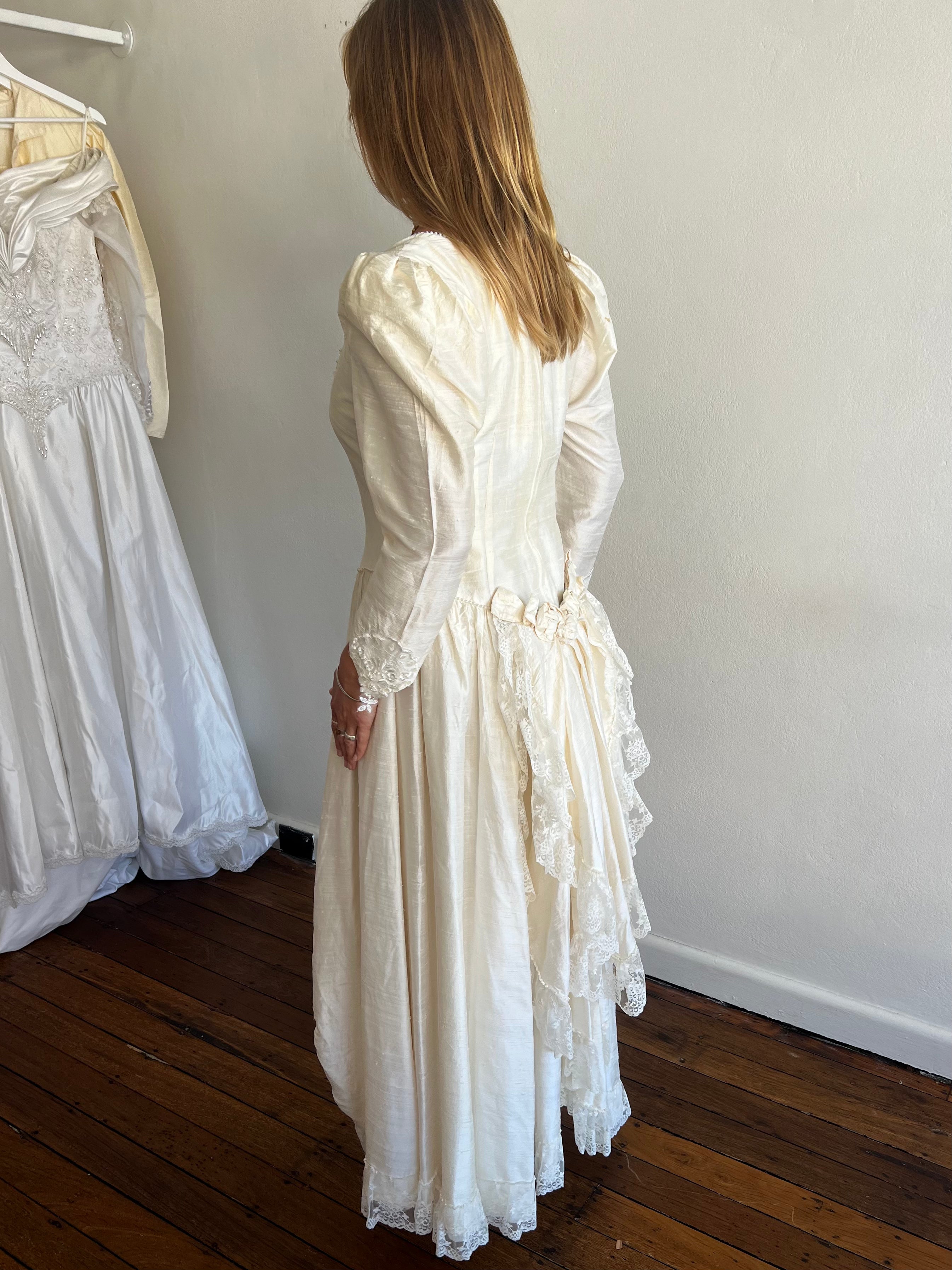 80s Raw Silk Beaded Lace and Rosette Detail Dress