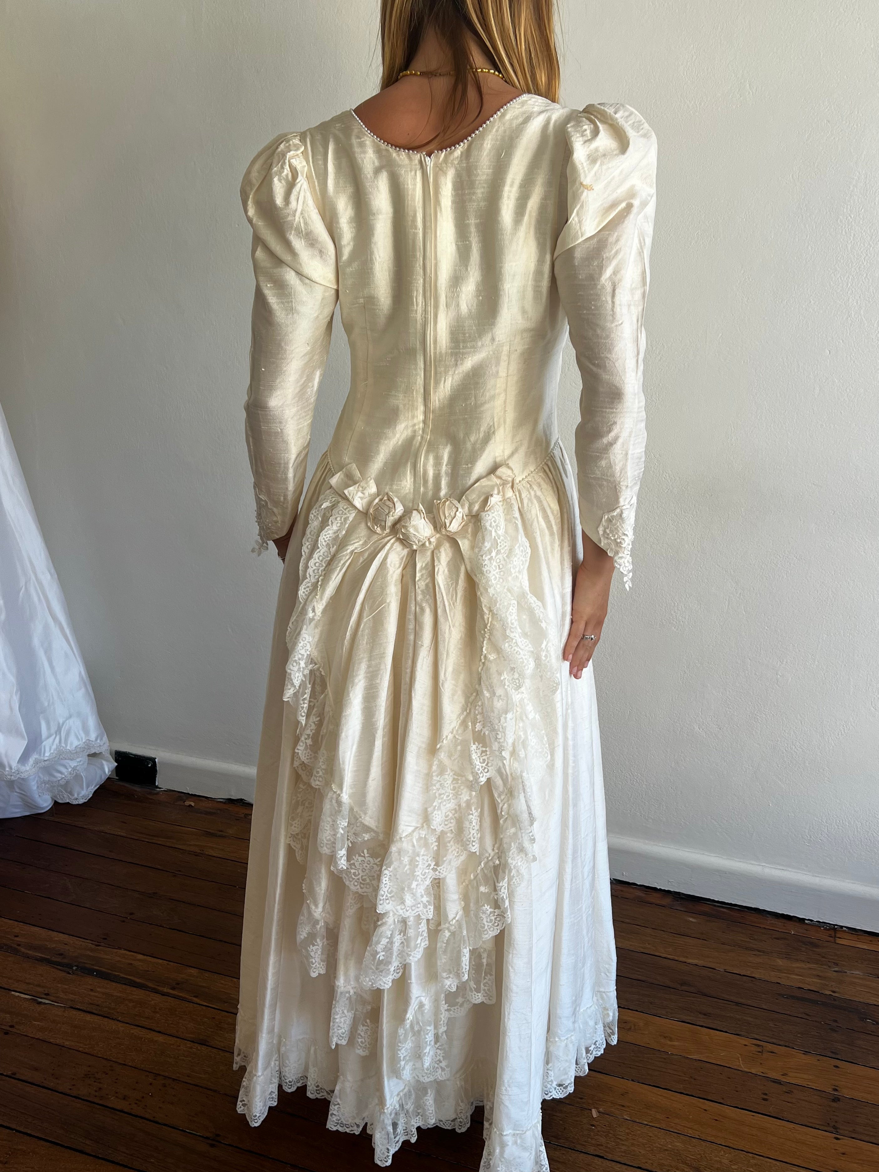 80s Raw Silk Beaded Lace and Rosette Detail Dress