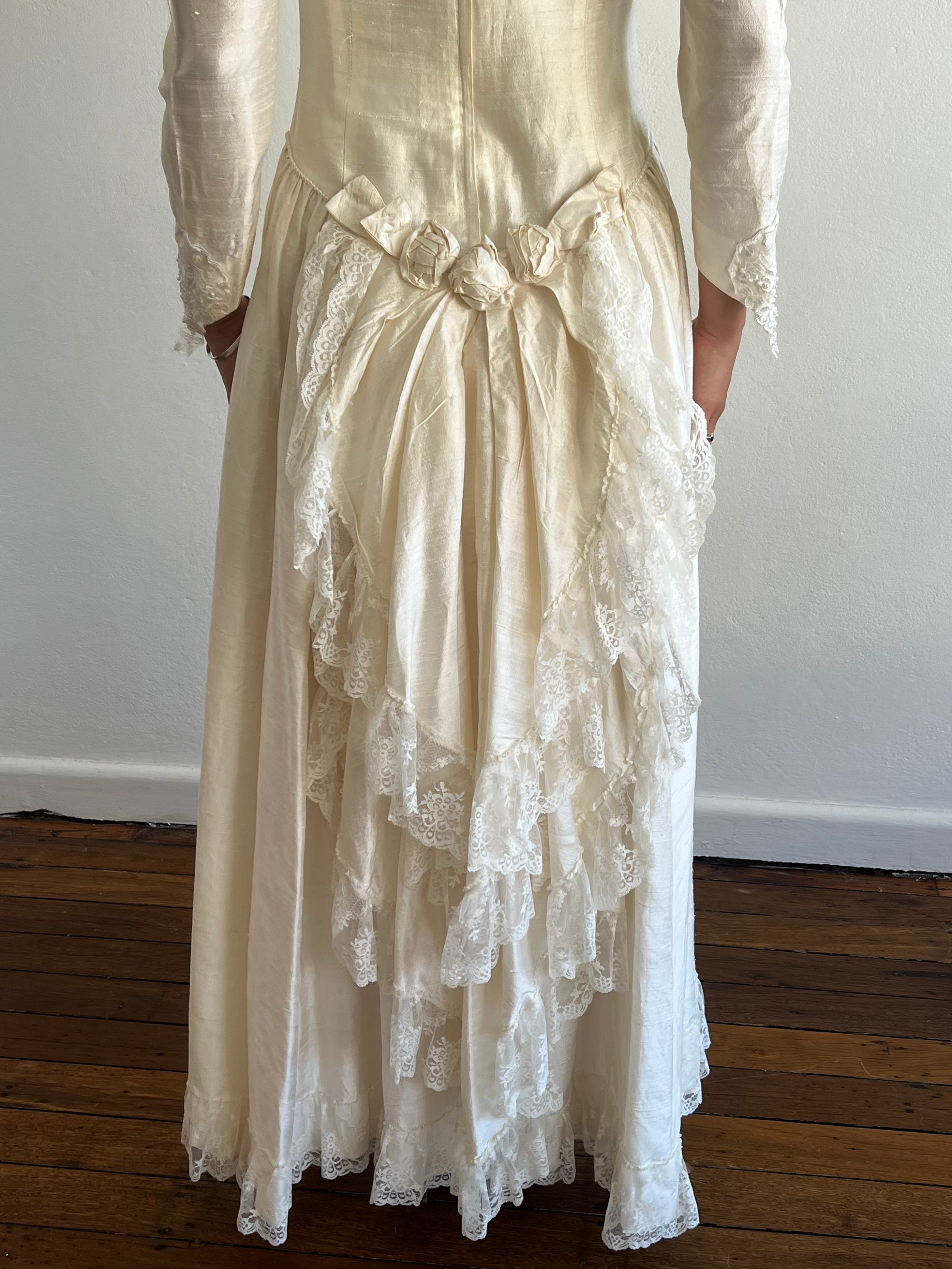 80s Raw Silk Beaded Lace and Rosette Detail Dress