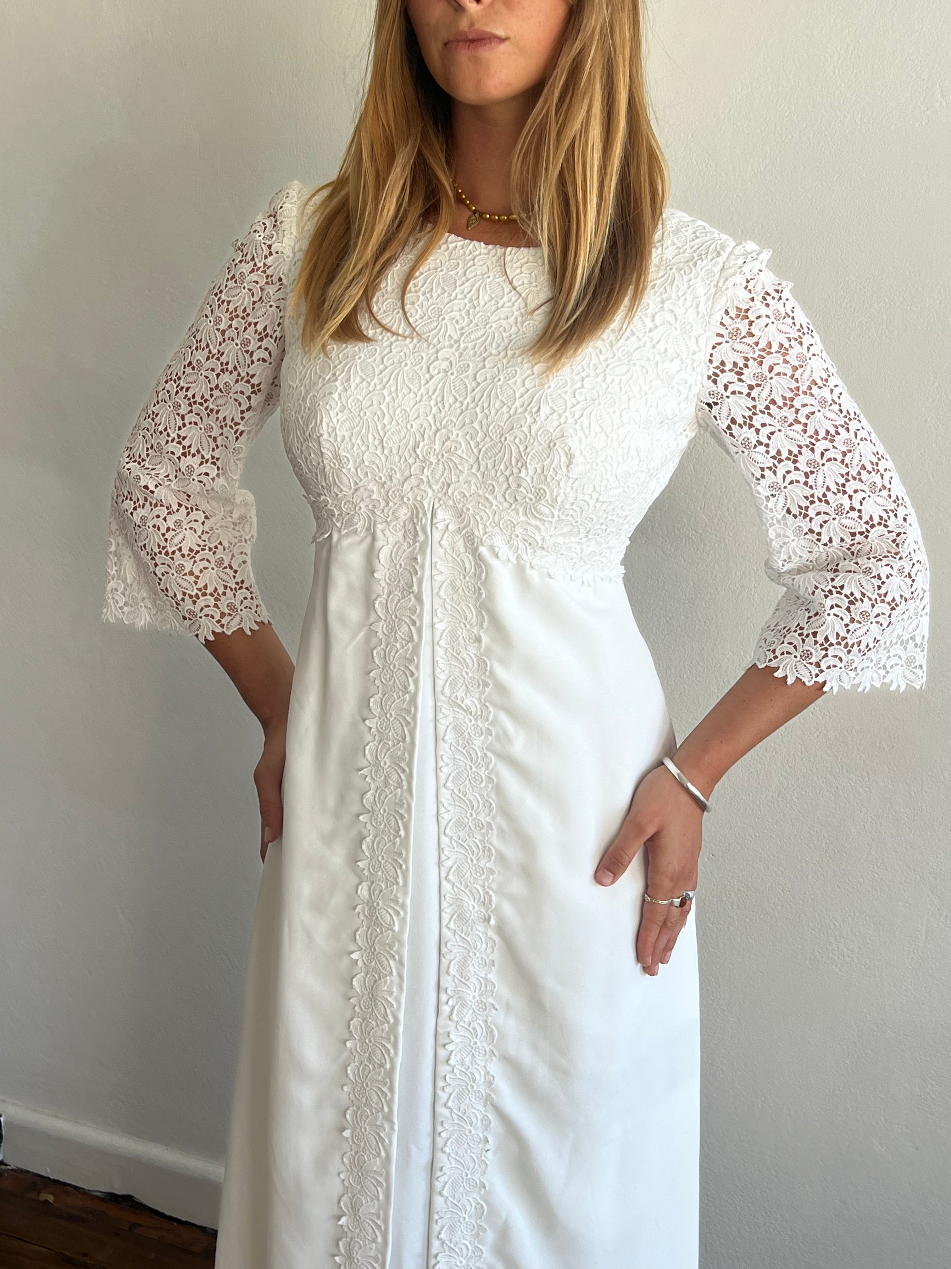60s Guipure Lace Detail Front Yoke Dress