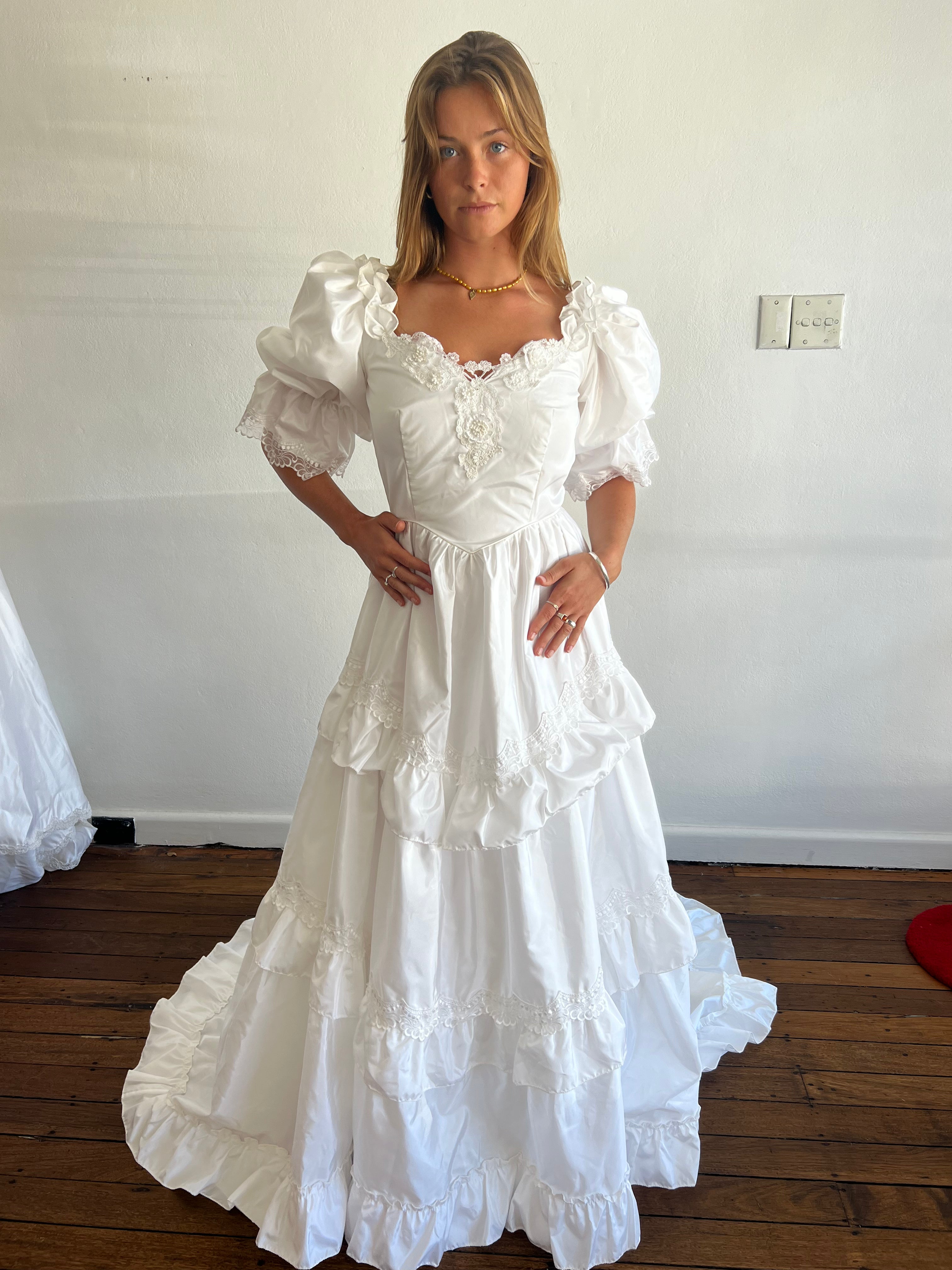 1979 Lace Detail Tiered Skirt Puff Sleeve Dress