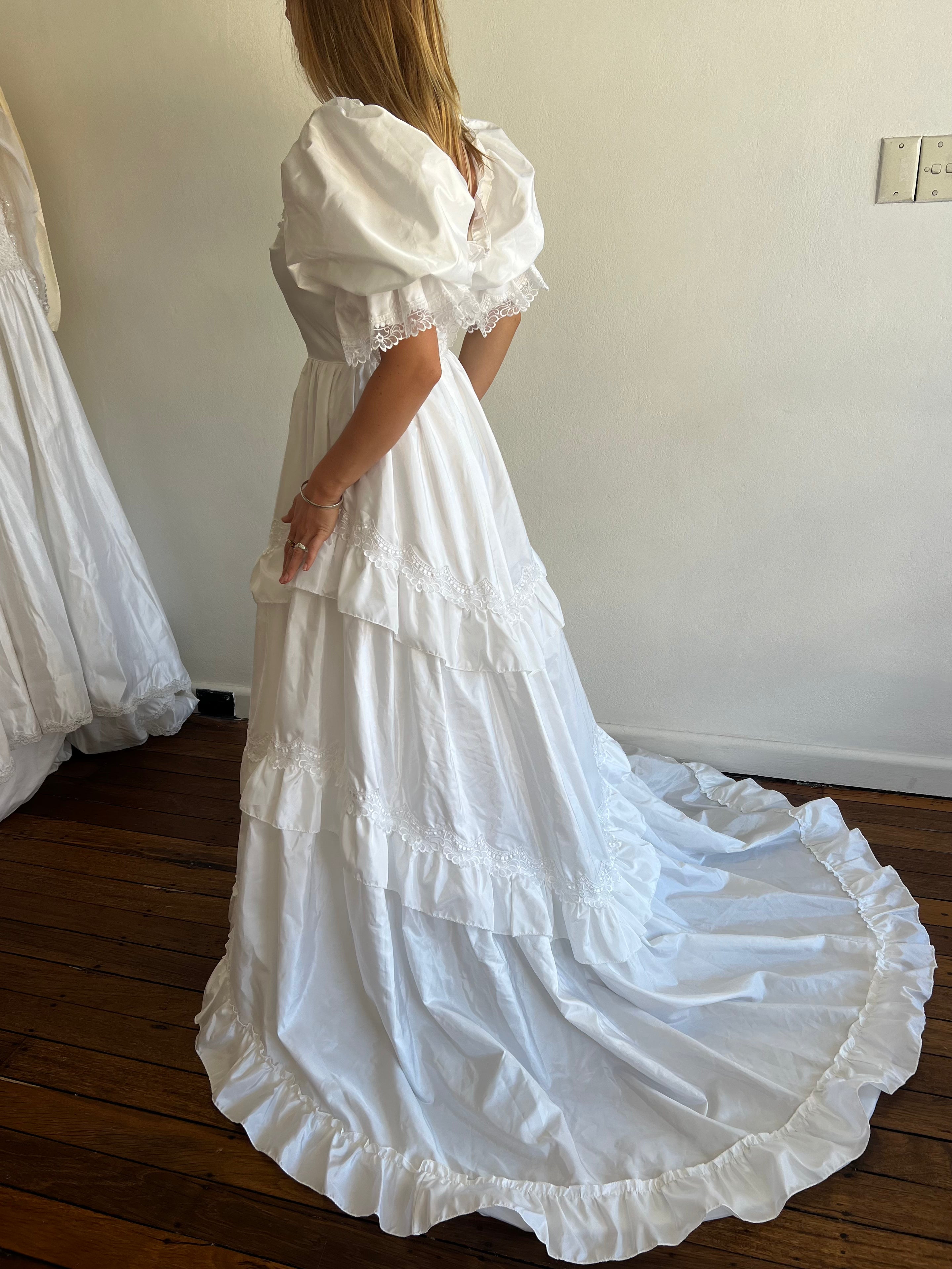 1979 Lace Detail Tiered Skirt Puff Sleeve Dress