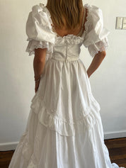 1979 Lace Detail Tiered Skirt Puff Sleeve Dress