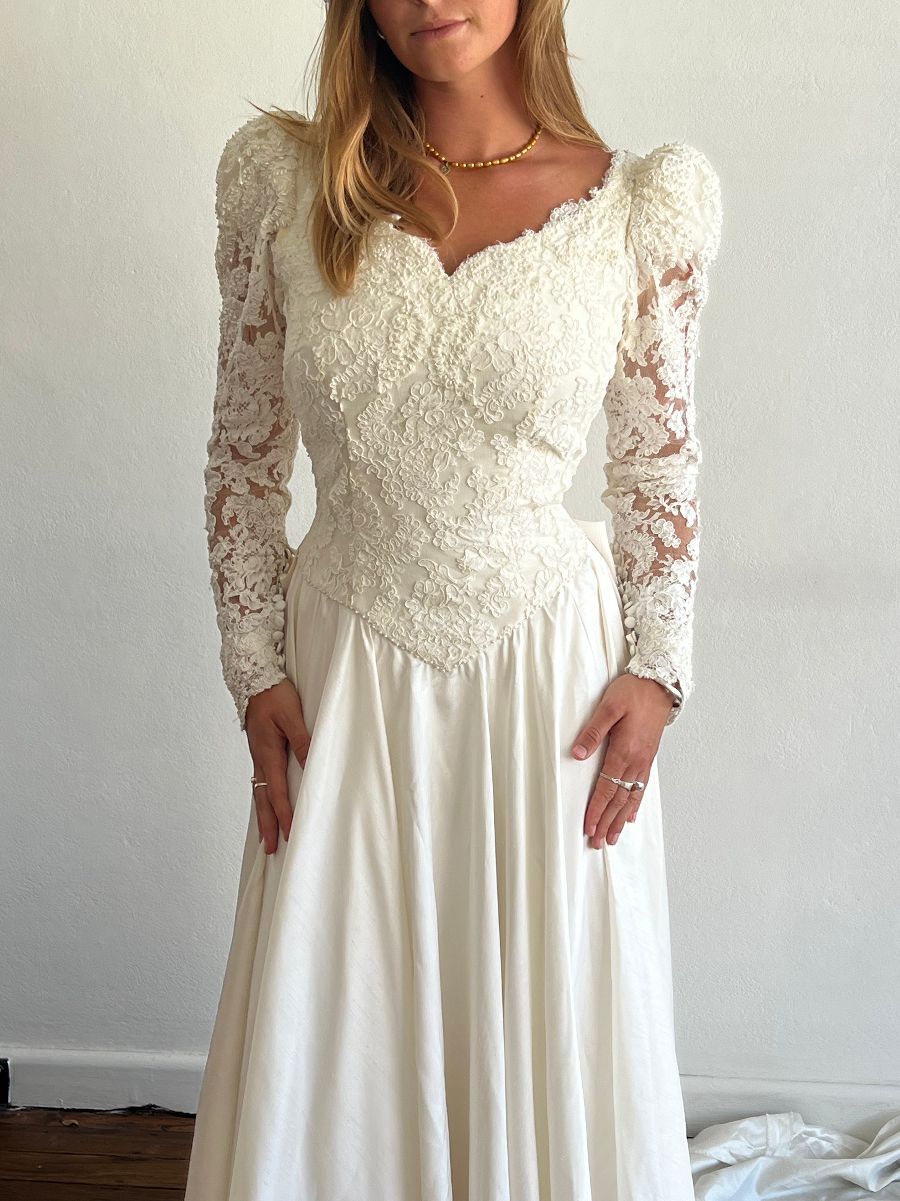 1978 Raw Silk Beaded Lace Bodice Dress