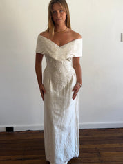 80s Raw Silk Off-the-shoulder Column Dress with Detachable Train