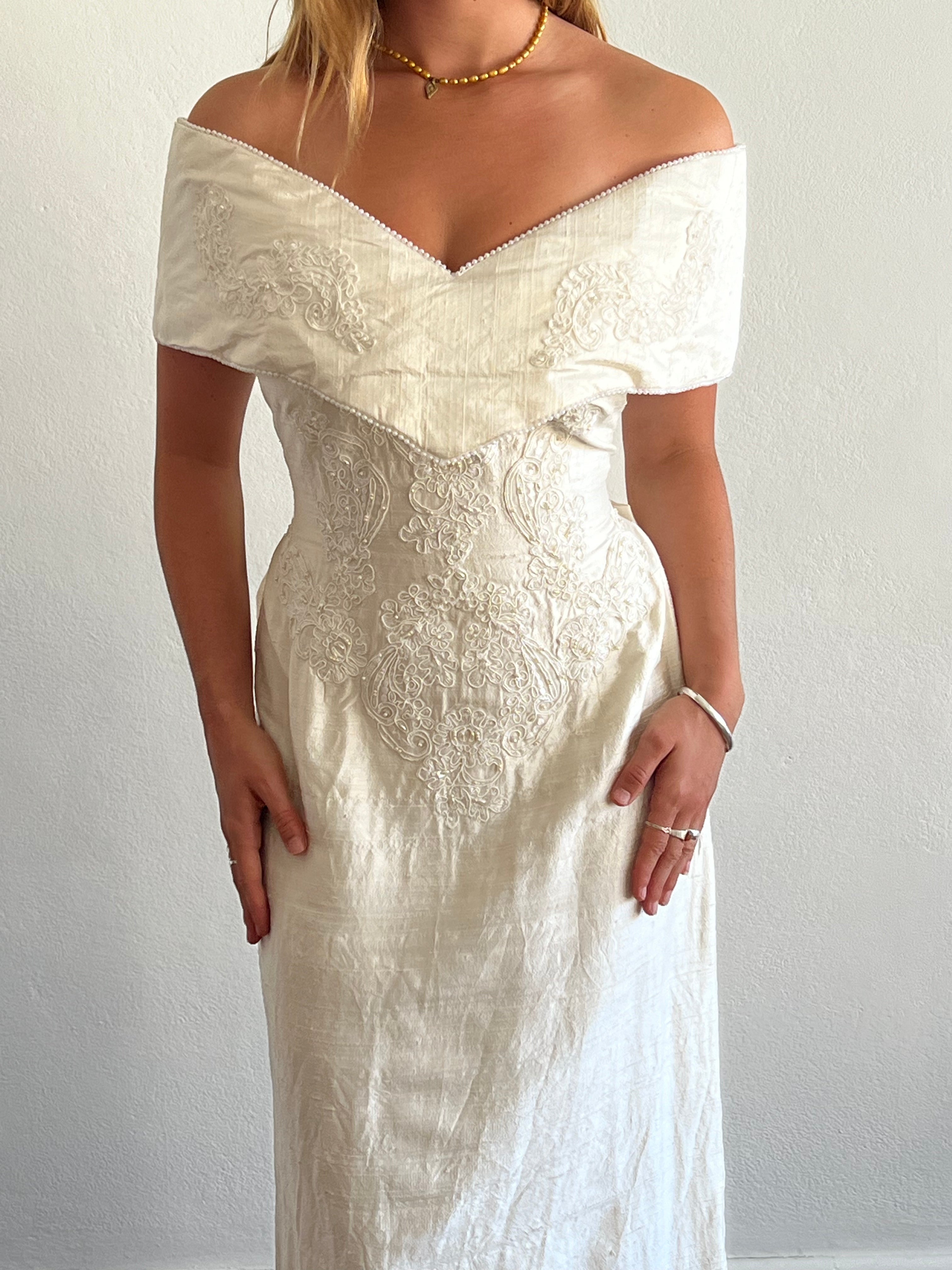 80s Raw Silk Off-the-shoulder Column Dress with Detachable Train