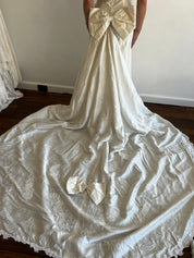 80s Raw Silk Off-the-shoulder Column Dress with Detachable Train