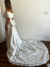 80s Raw Silk Off-the-shoulder Column Dress with Detachable Train