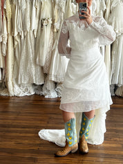 70s Floral Detail Mockneck A-line Dress