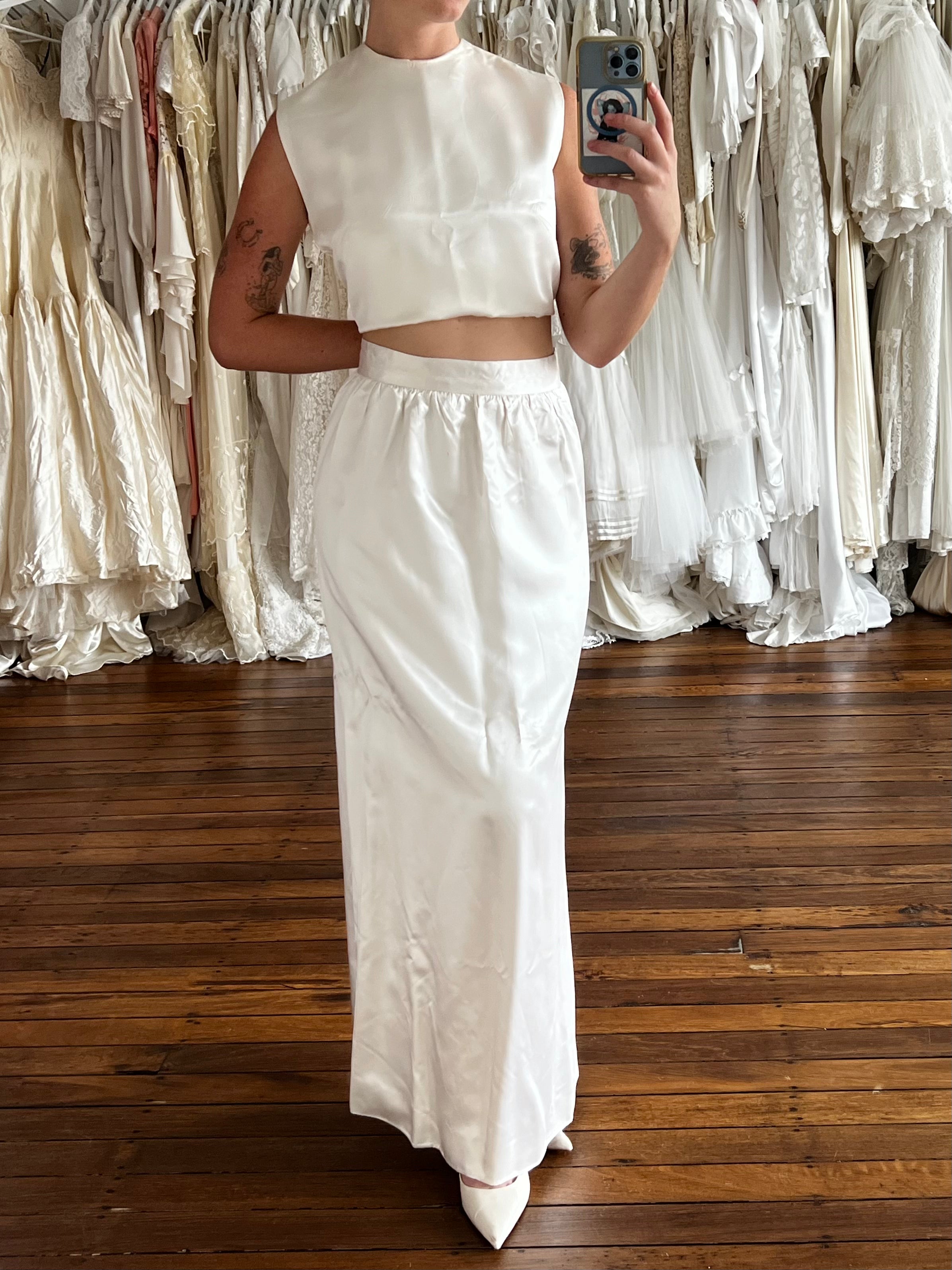 70s Silk Satin Column Skirt and Vest Set
