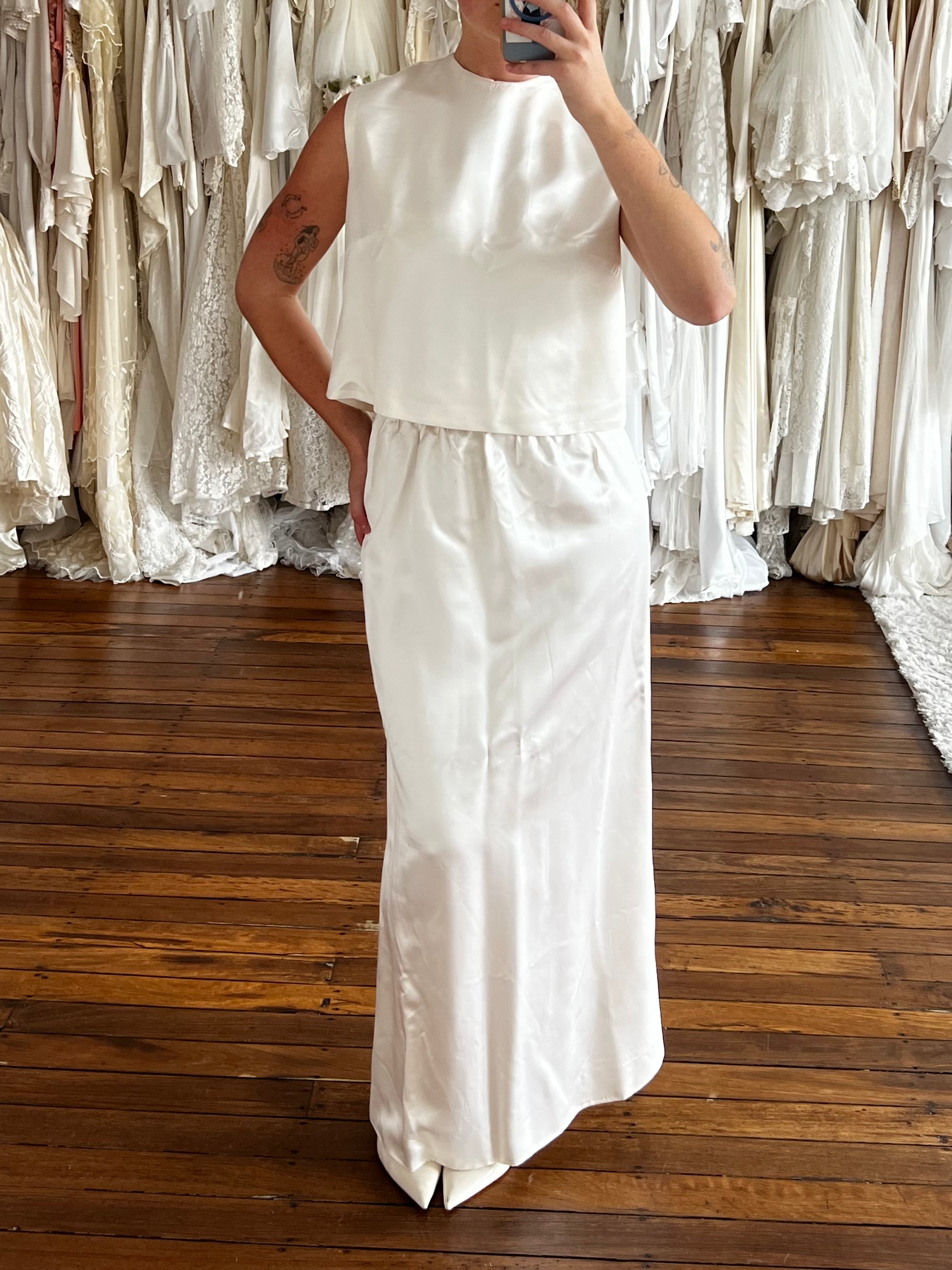 70s Silk Satin Column Skirt and Vest Set