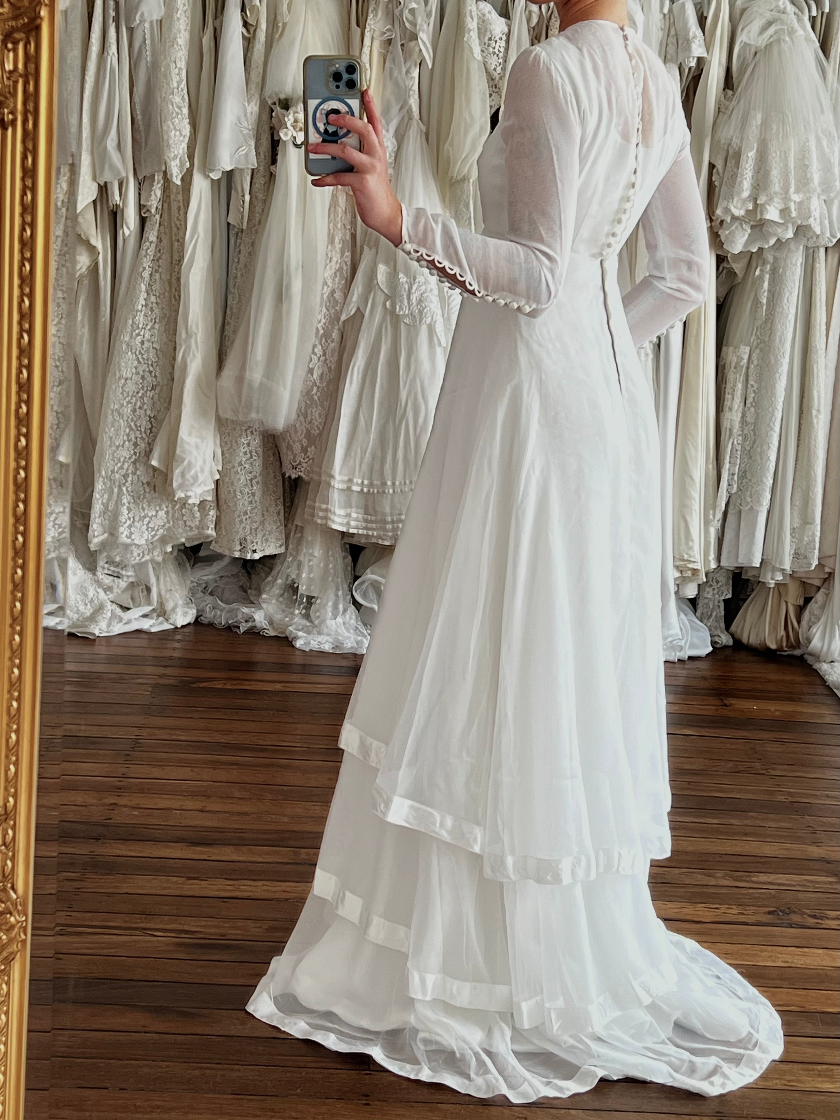 90s Chiffon Long Sleeve Tiered Skirt Dress