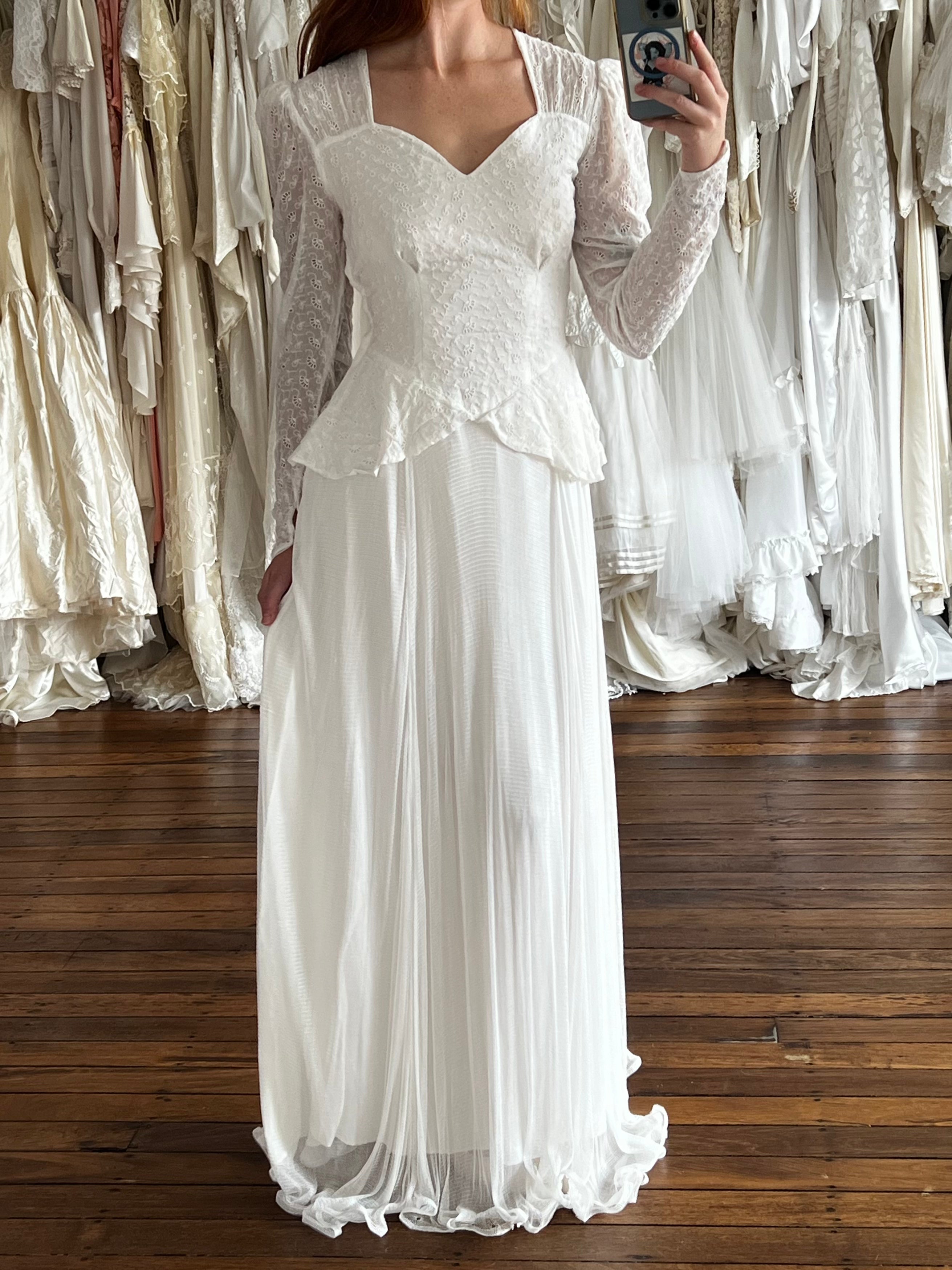 40s Broderie Anglaise Bodice and Silk Net Skirt Dress