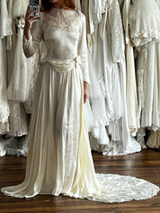 30s Embossed Silk Draped Waist Corded Neckline dress