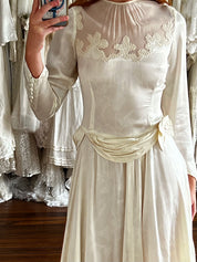 30s Embossed Silk Draped Waist Corded Neckline dress