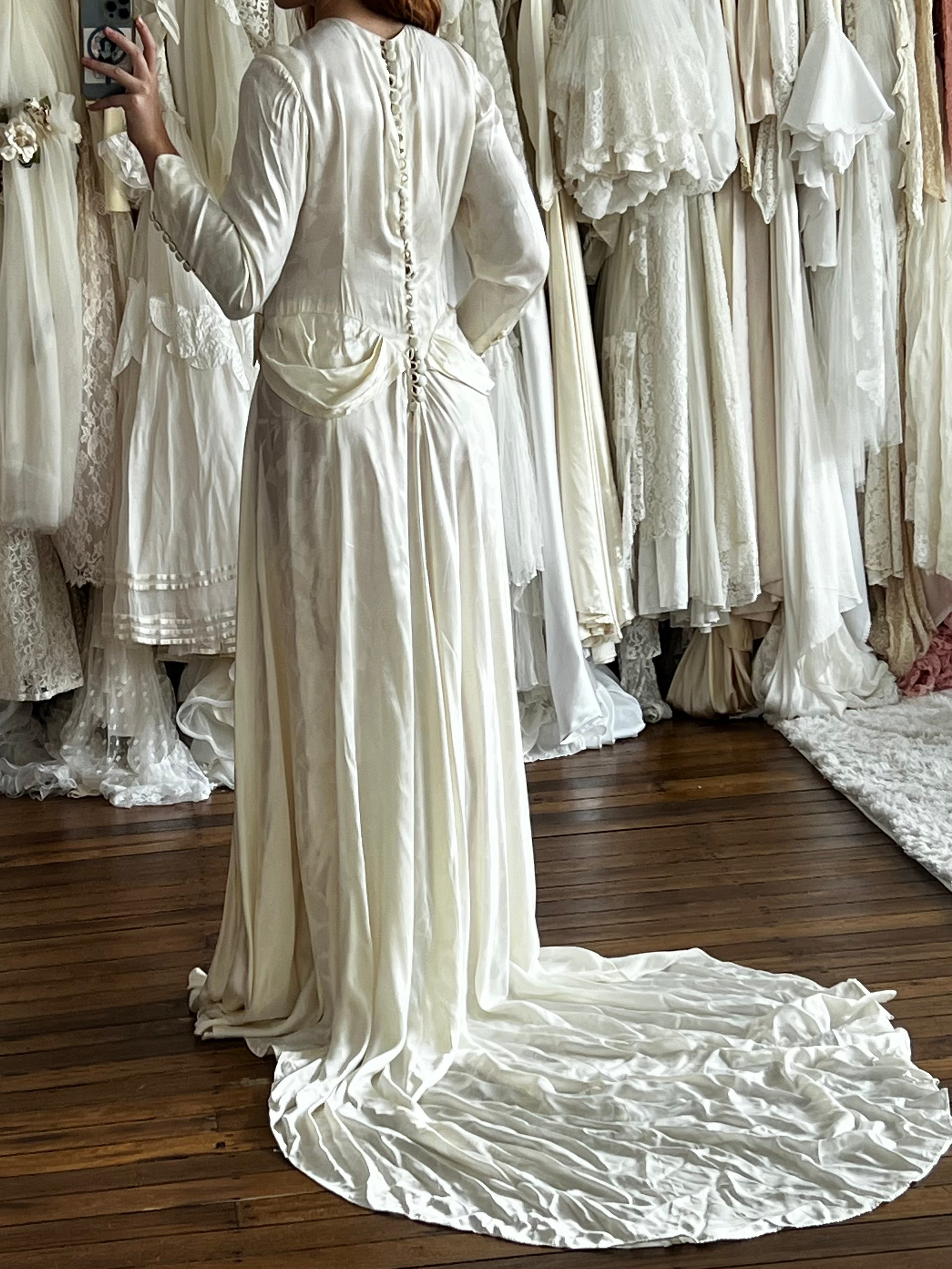 30s Embossed Silk Draped Waist Corded Neckline dress