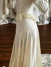 30s Embossed Silk Draped Waist Corded Neckline dress