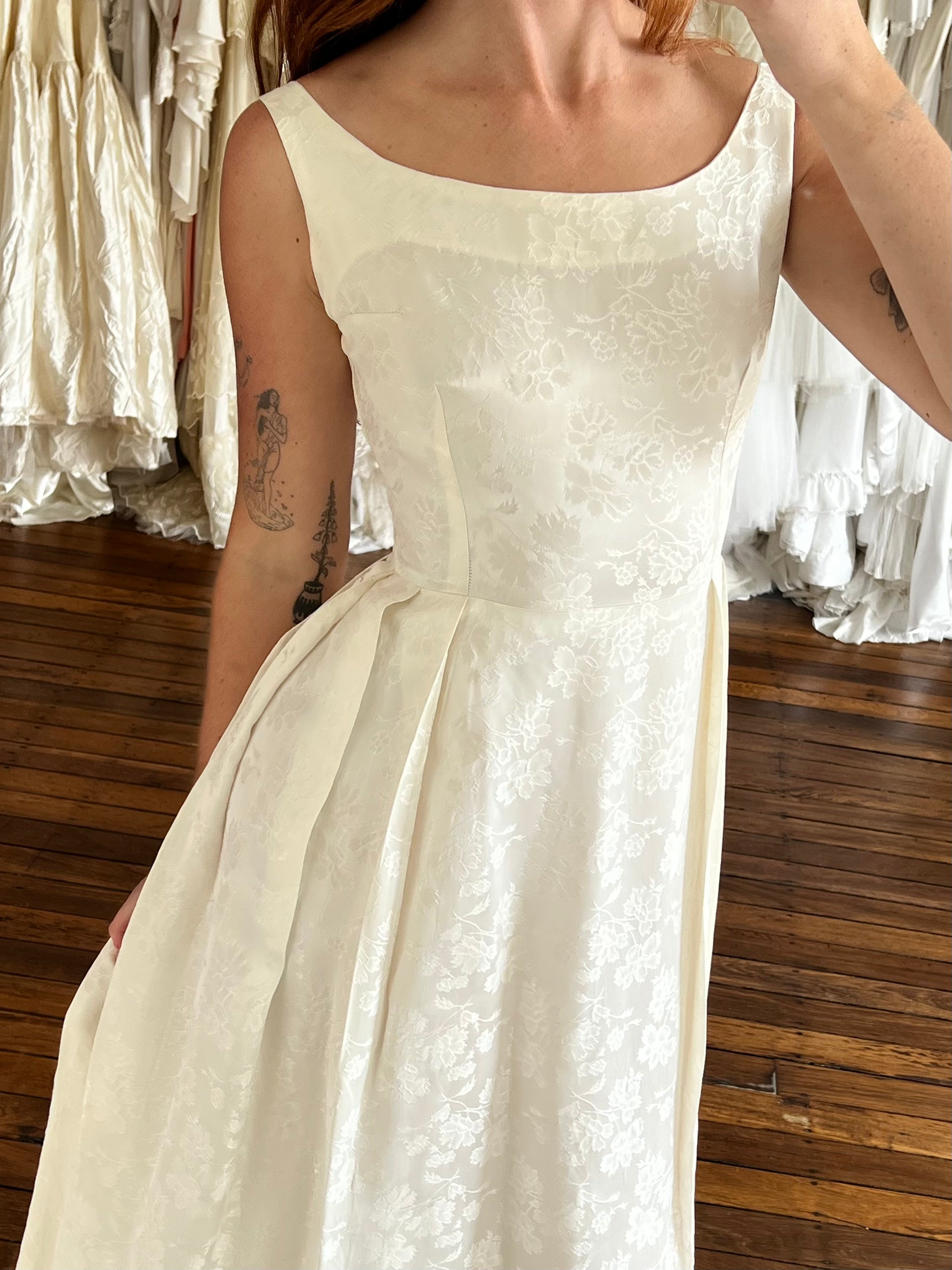 50s Boat Neck Jacquard Satin Dress