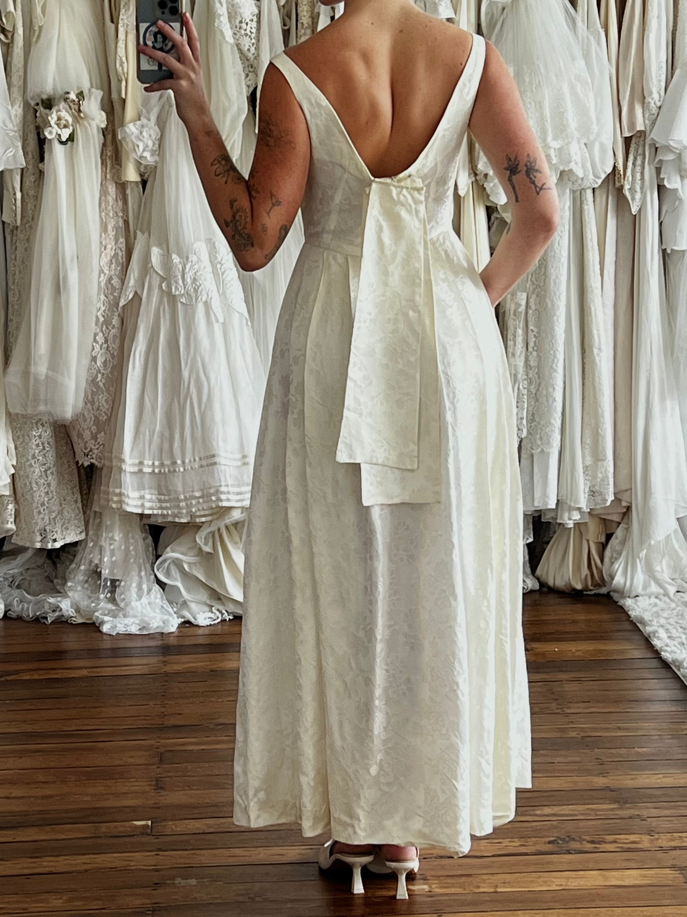 50s Boat Neck Jacquard Satin Dress